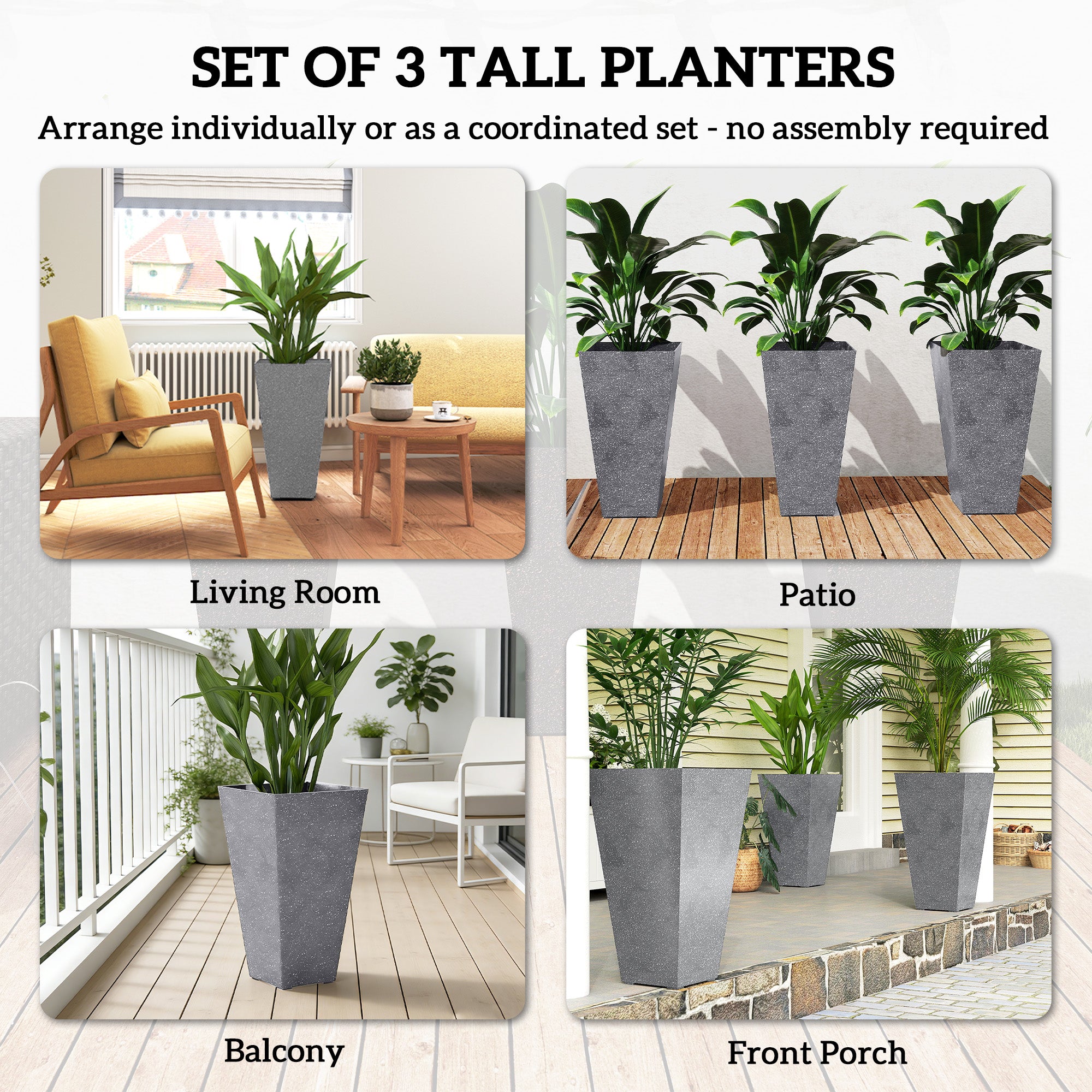 28" Tall Planters, Set of 3 Plastic Flower Pots with Marble Finish and Drainage Holes, Stackable Taper Planters