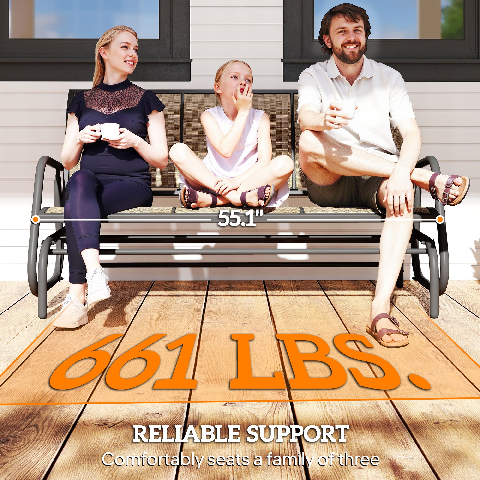 3-Person Outdoor Patio Glider Bench, Porch Glider Swing with 3 Seats, Breathable Mesh Fabric, Metal Frame