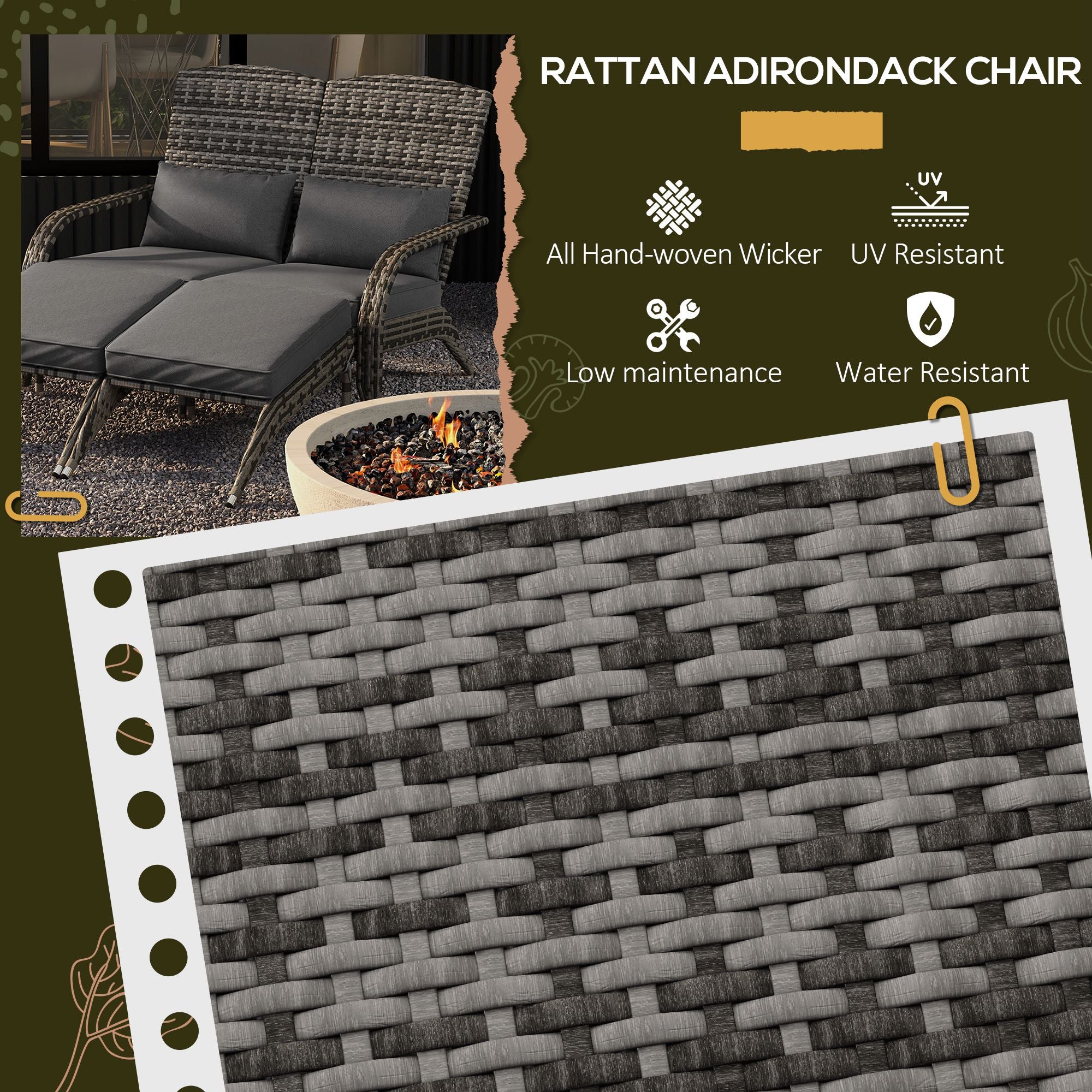 2 Person Patio Wicker Adirondack Chair, High-Back Fire Pit Chair with Cushions
