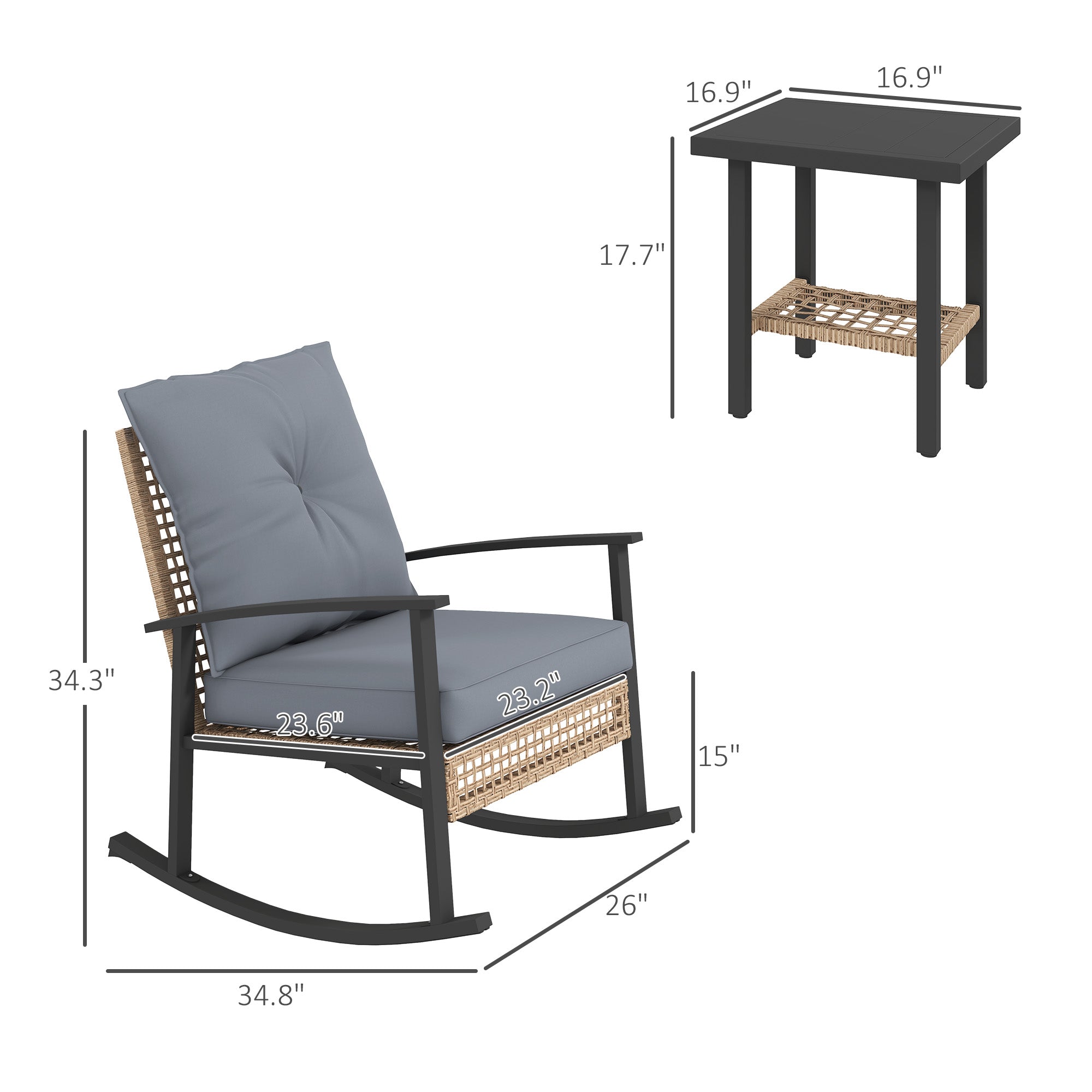 3 Pieces Bistro Set, Patio Wicker Furniture Set with Button Tufted Cushions, Rattan Rocking Chairs, Coffee Table