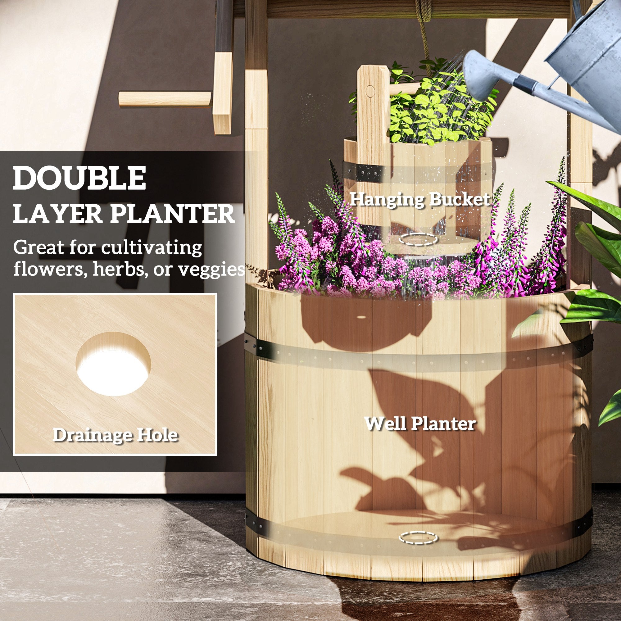 Wood Wishing Well for Outside with Hanging Bucket, Wishing Well Planter with Drain Hole for Garden Patio