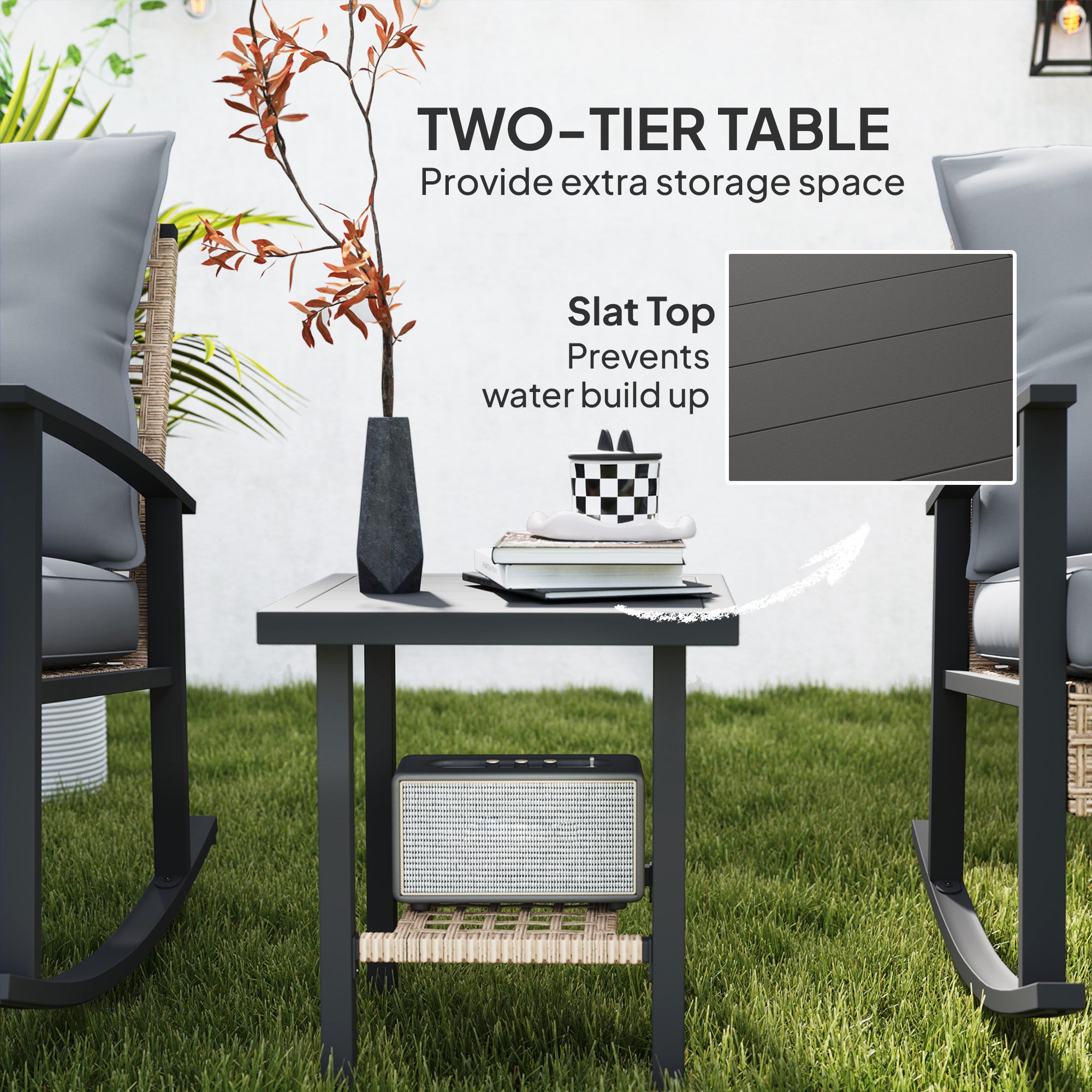 3 Pieces Bistro Set, Patio Wicker Furniture Set with Button Tufted Cushions, Rattan Rocking Chairs, Coffee Table