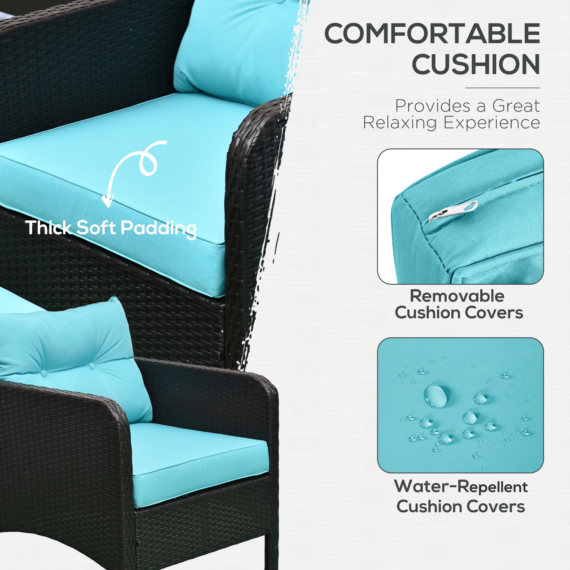 5 Pieces Rattan Wicker Lounge Chair Outdoor Patio Conversation Set with 2 Cushioned Chairs, 2 Ottomans and Tempered Glass Top Coffee Table