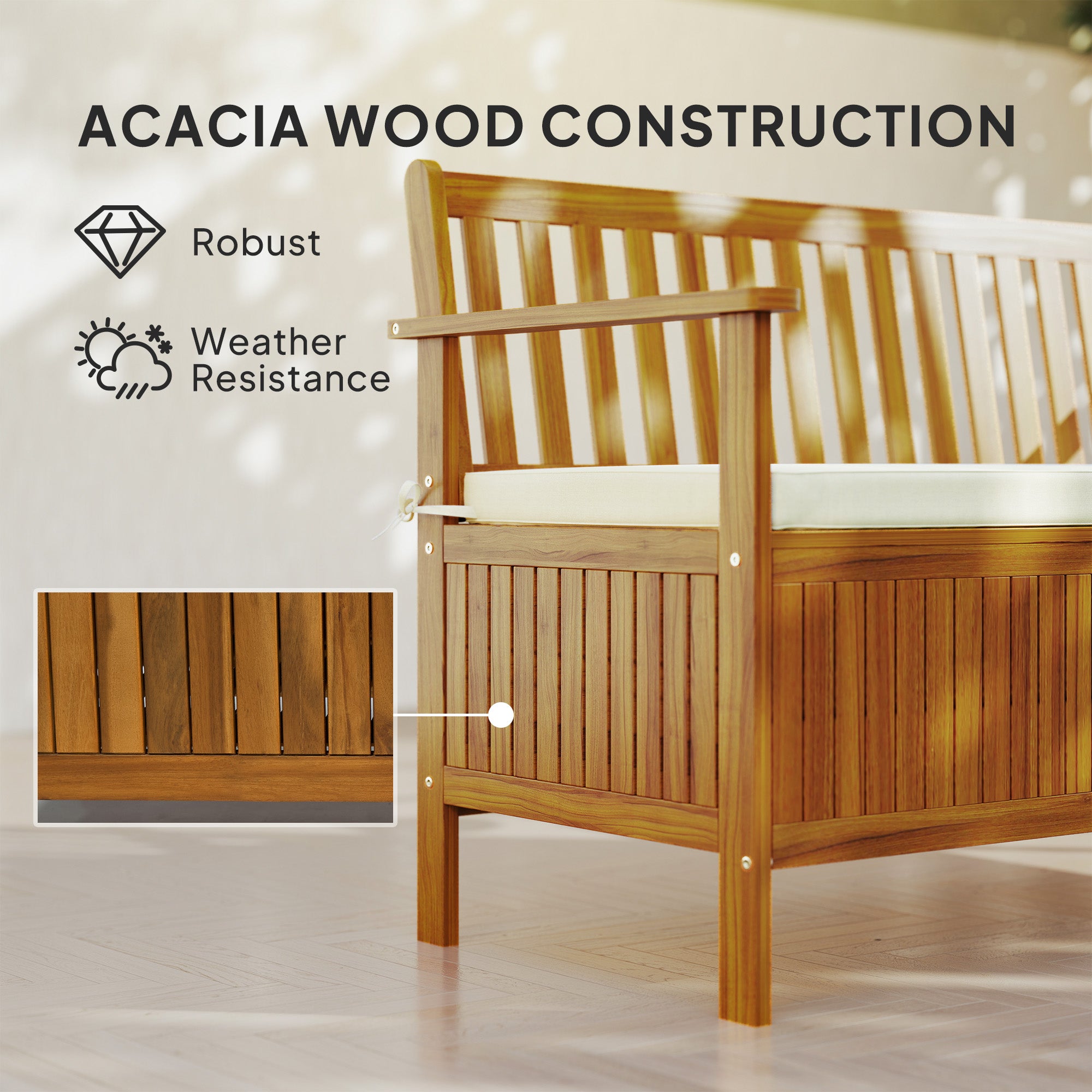 Outdoor Bench with Storage Compartment, Acacia Wood Patio Bench with Cushion, 2 Seater Garden Bench, Teak