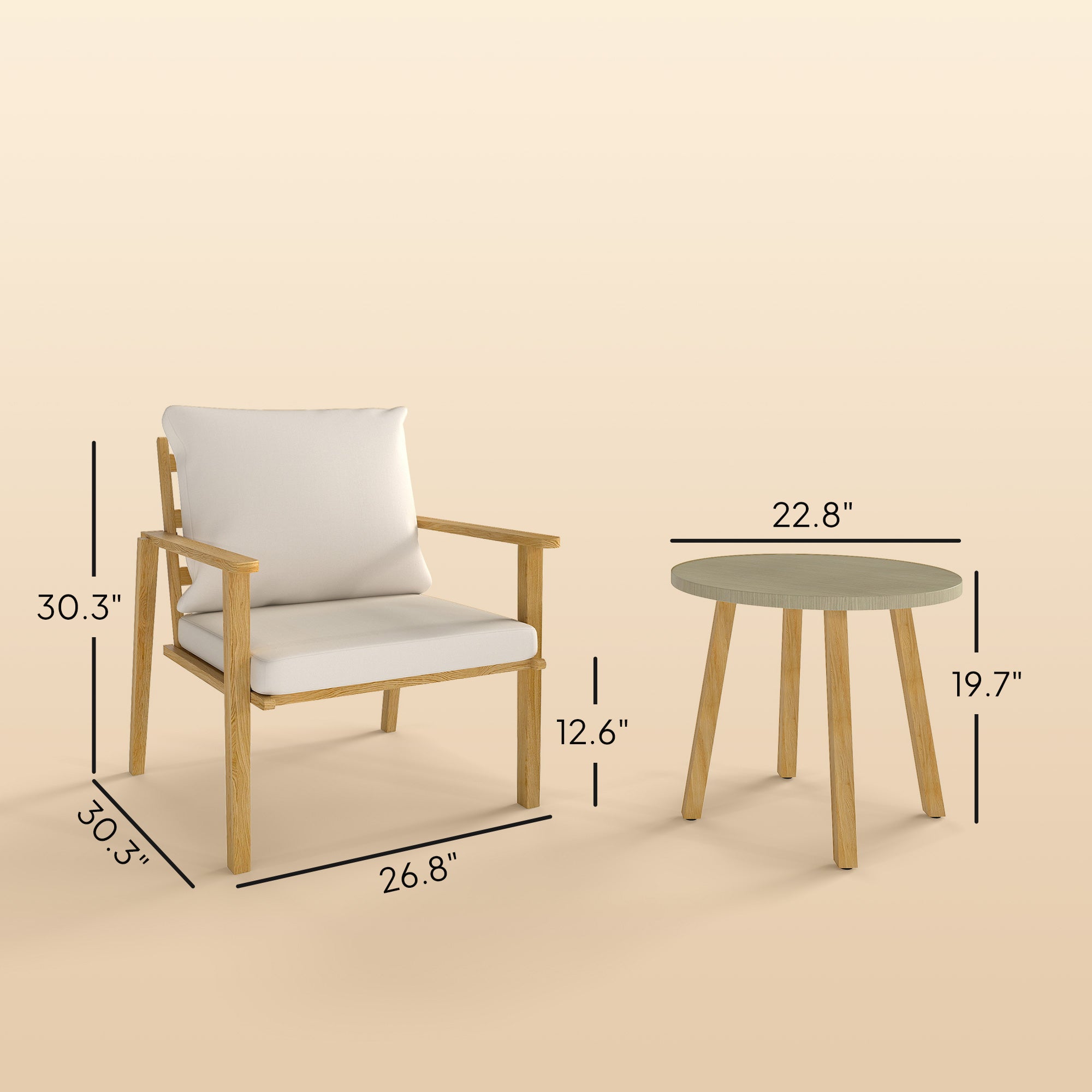 3 Piece Outdoor Bistro Set, Wood Effect Metal Patio Set with Wide and Deep Chairs, Round Table, Cushions, Cream White