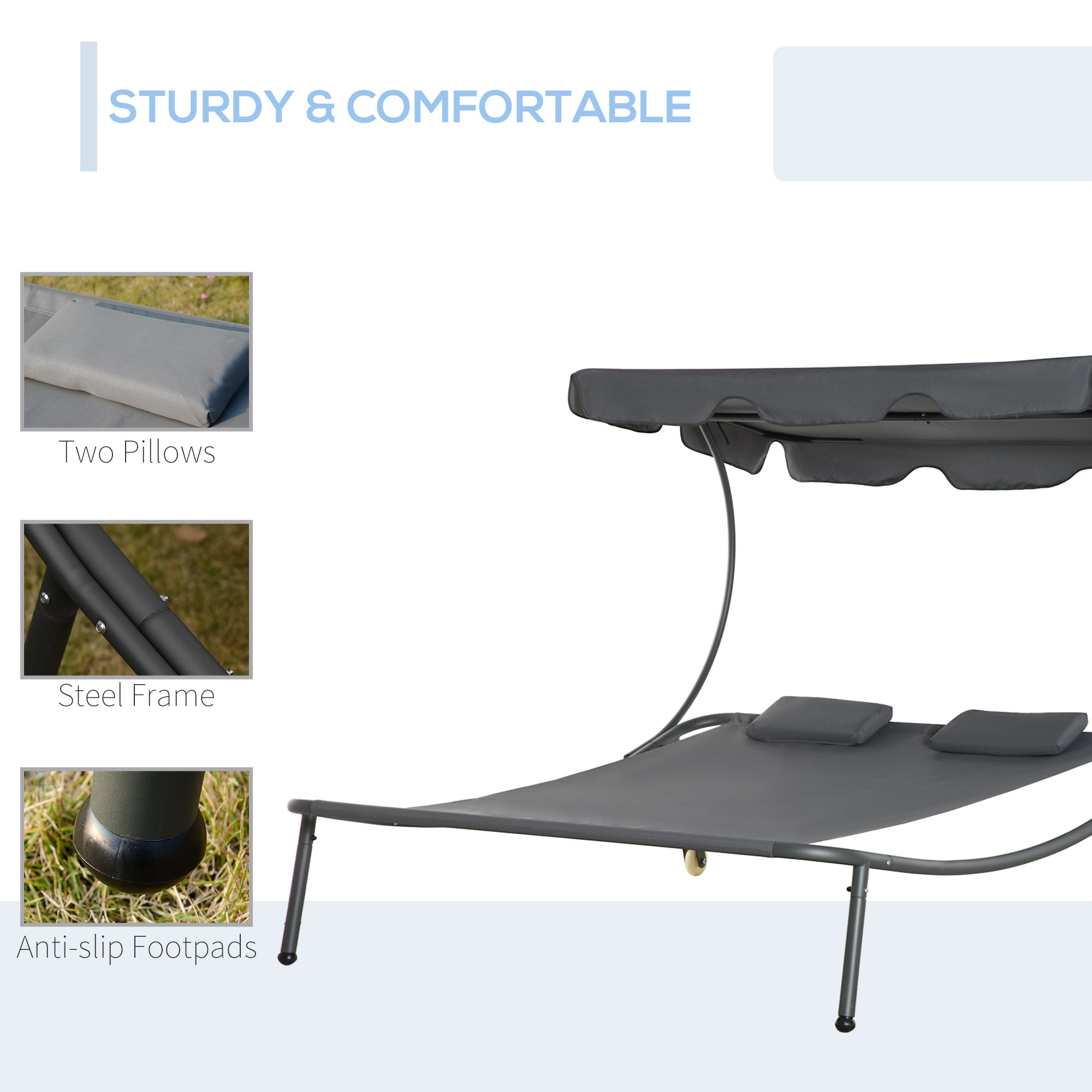 Patio Double Chaise Lounge Chair, Outdoor Wheeled Hammock Daybed with Adjustable Canopy and Pillow for Sun Room, Garden, or Poolside, Grey