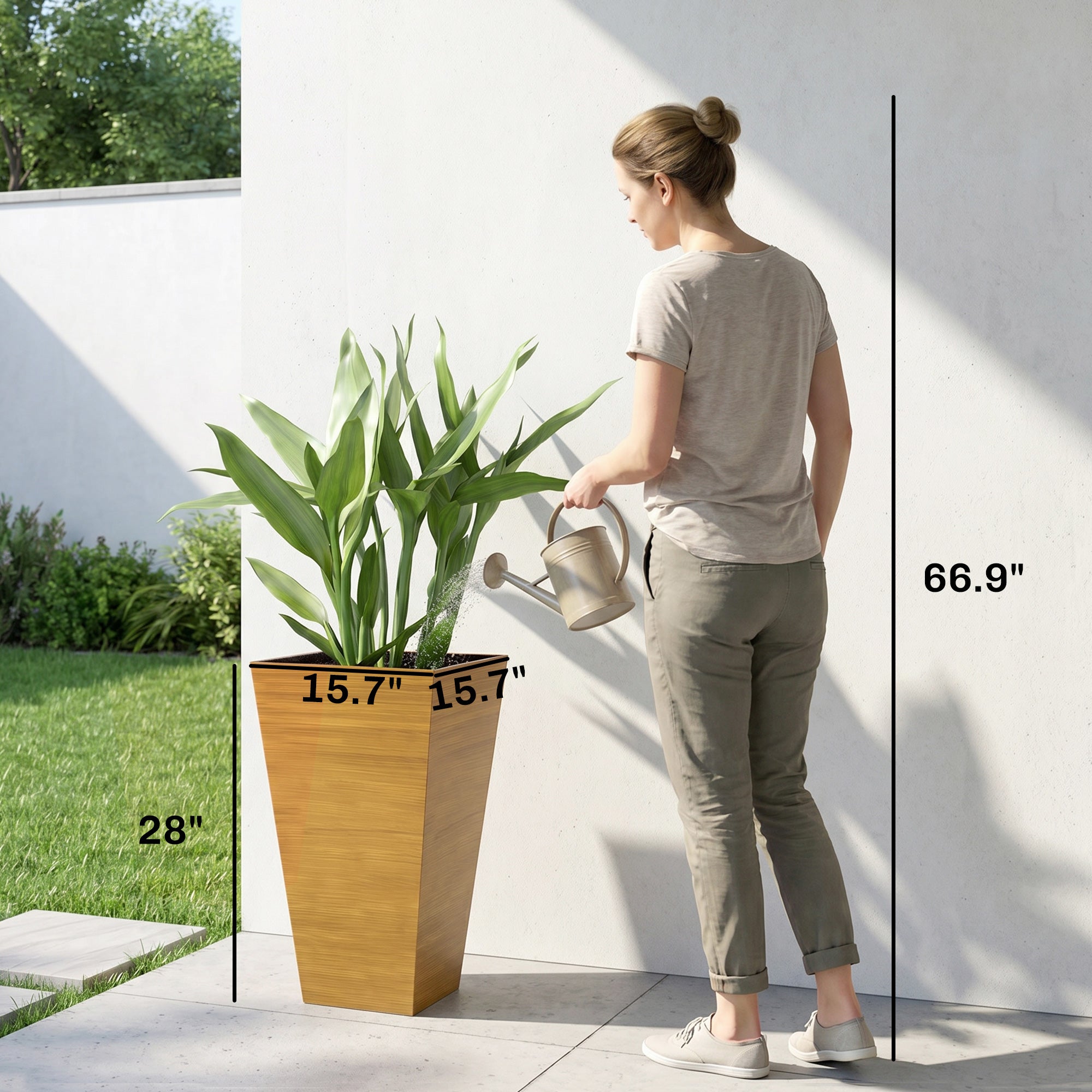 Set of 3 Tall Planters, 28" Outdoor Planter w/ Drainage Holes, Faux Wood Plastic Flower Pots