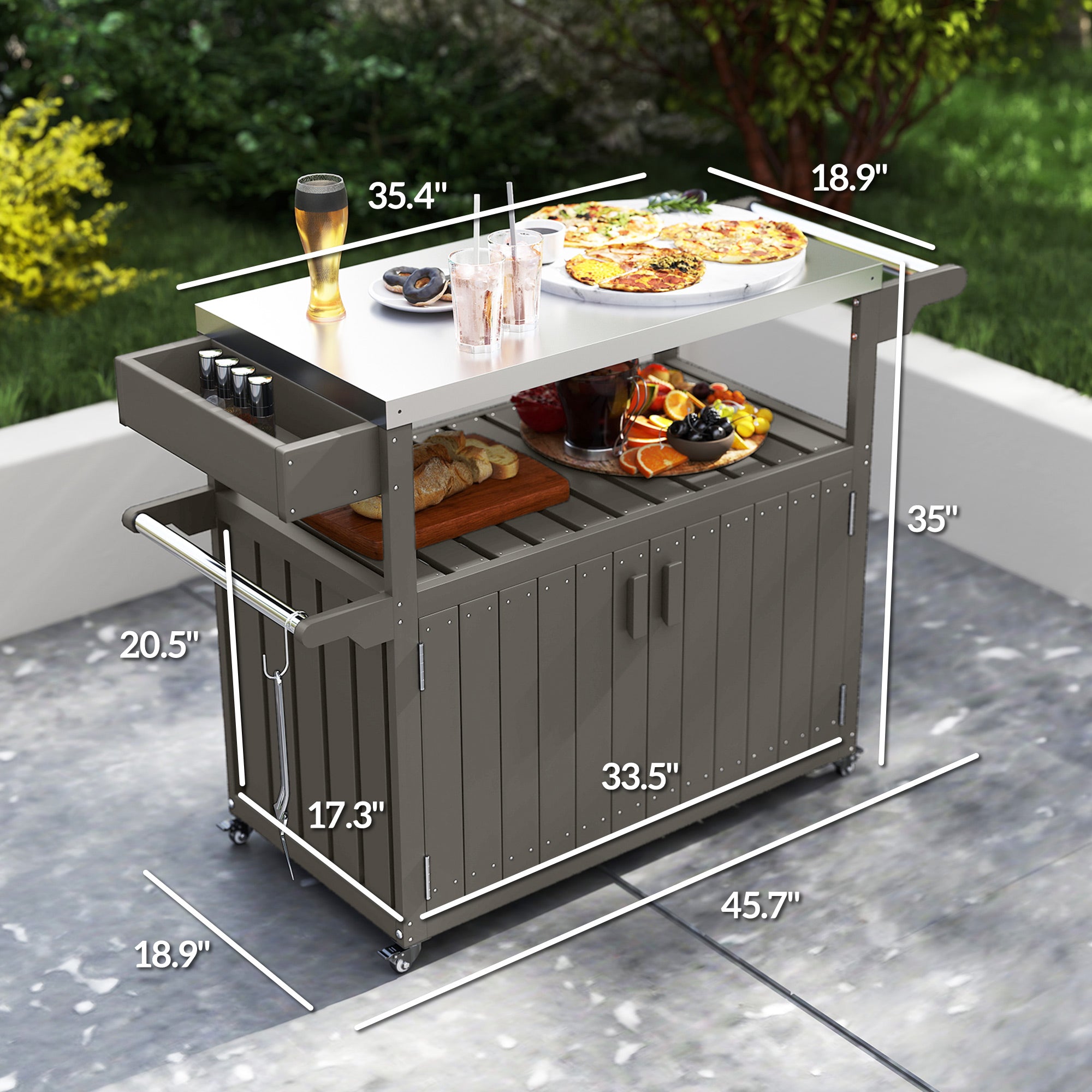 Outdoor Bar Cart with Storage, Stainless Steel Outdoor Bar Table Top, Wheeled HDPE Kitchen Island for Food Prep