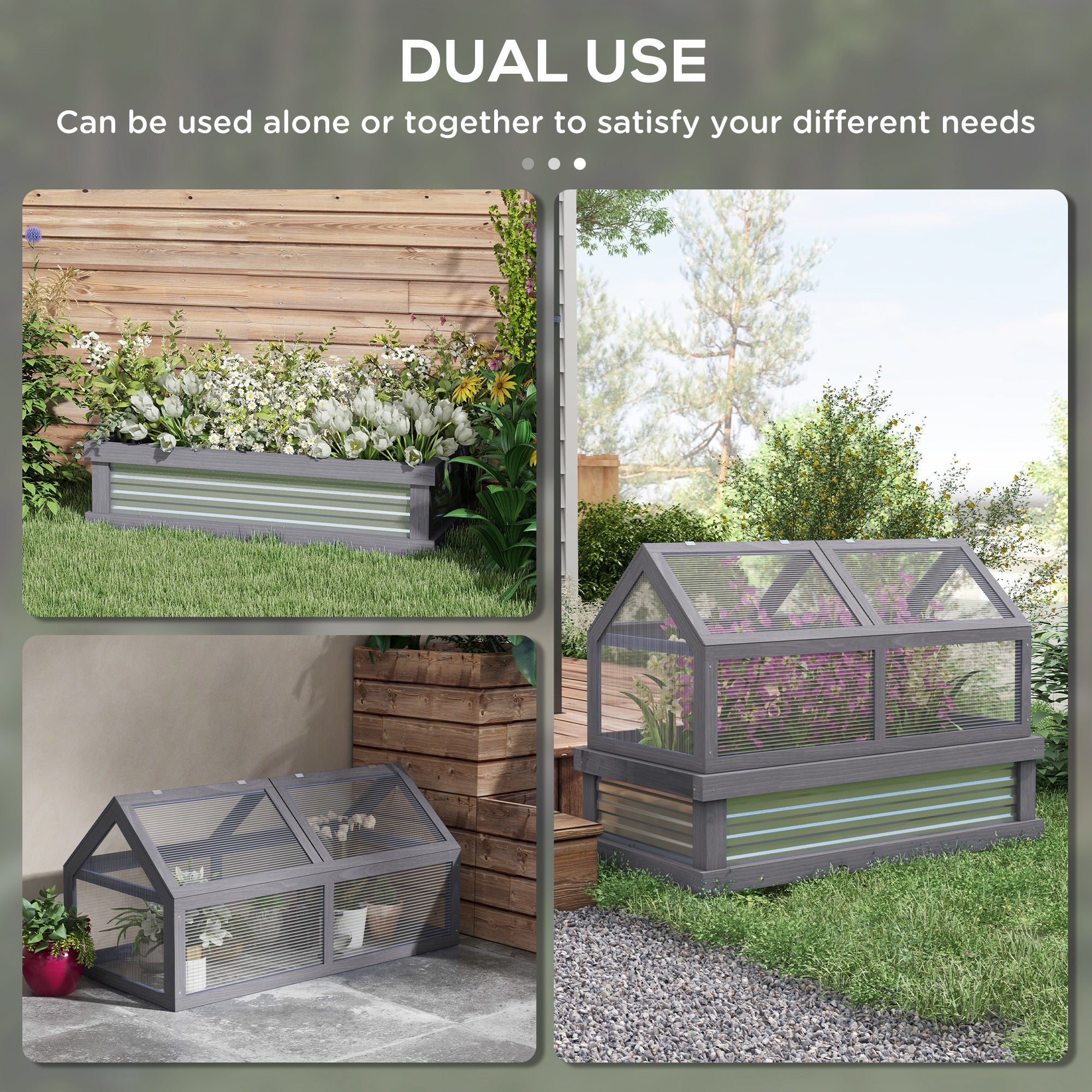 Raised Garden Flower Bed Kit w/ Greenhouse, Wooden Cold Frame Planter, Gray