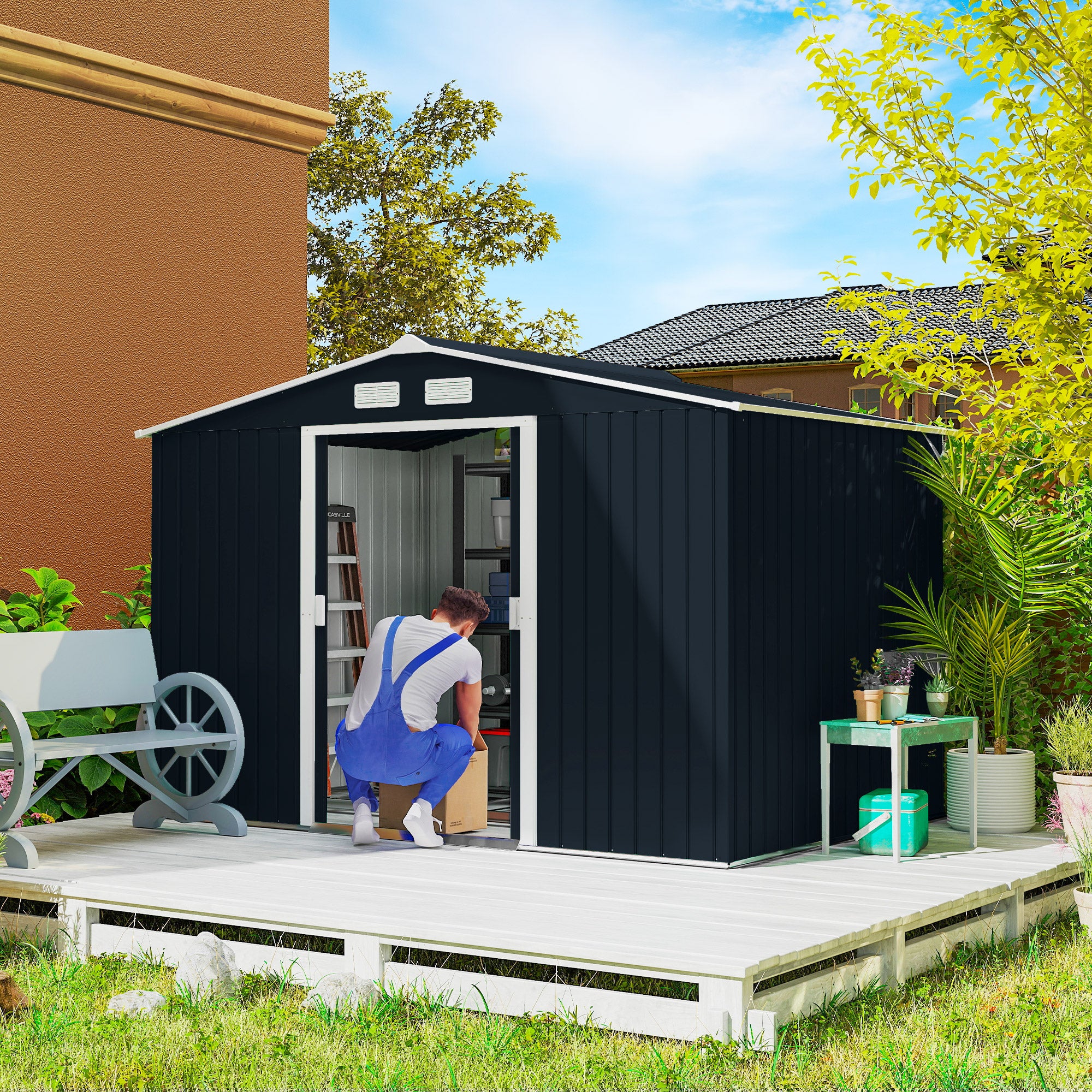 9' x 6' Outdoor Storage Shed, Garden Tool Metal Shed with Foundation Kit, Double Lockable Door, Air Vents and Sloping Roof, for Backyard, Patio, Lawn