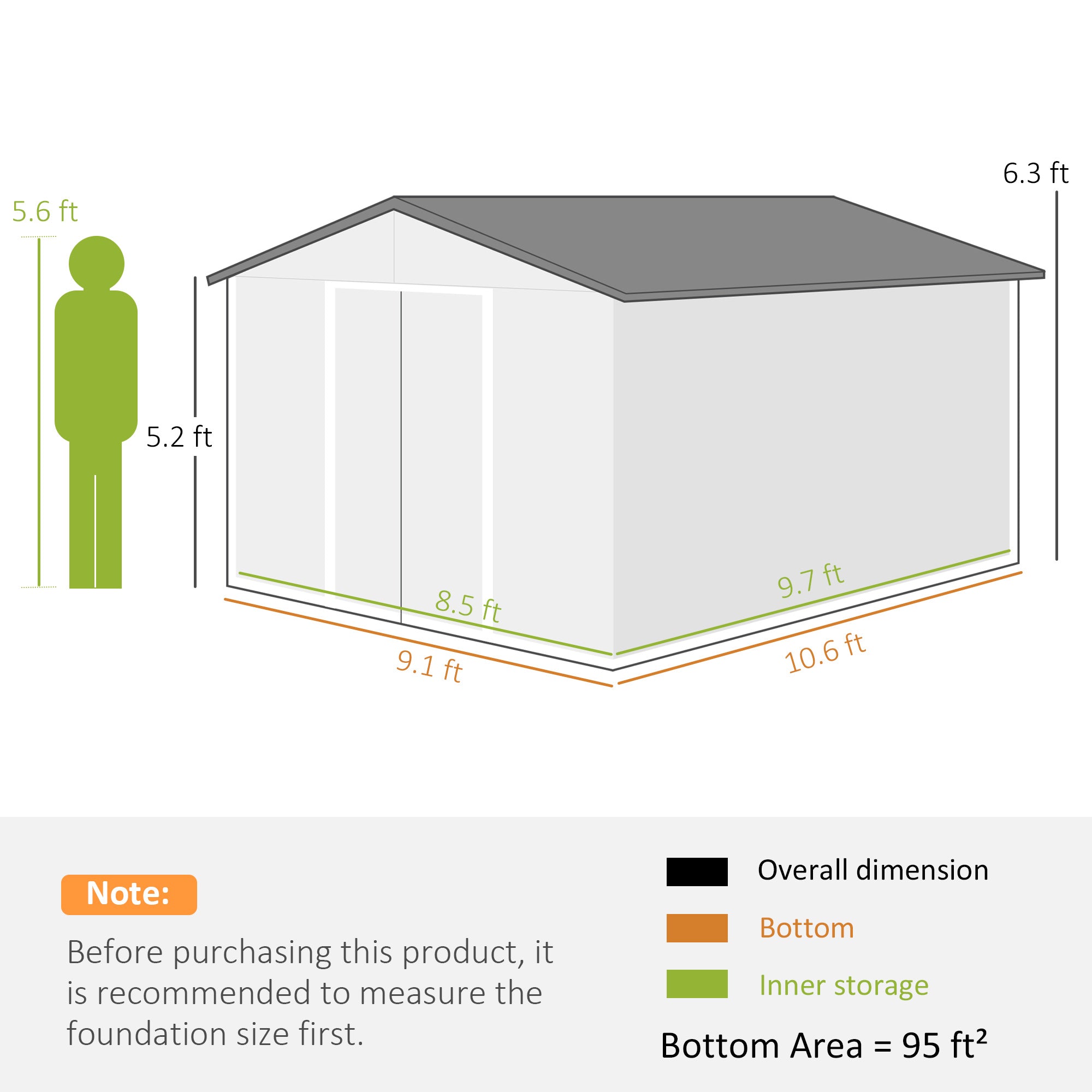 11' x 9' Outdoor Storage Shed, Garden Tool Metal Shed with Foundation Kit, Double Lockable Door, Air Vents and Sloping Roof, for Backyard, Patio, Lawn