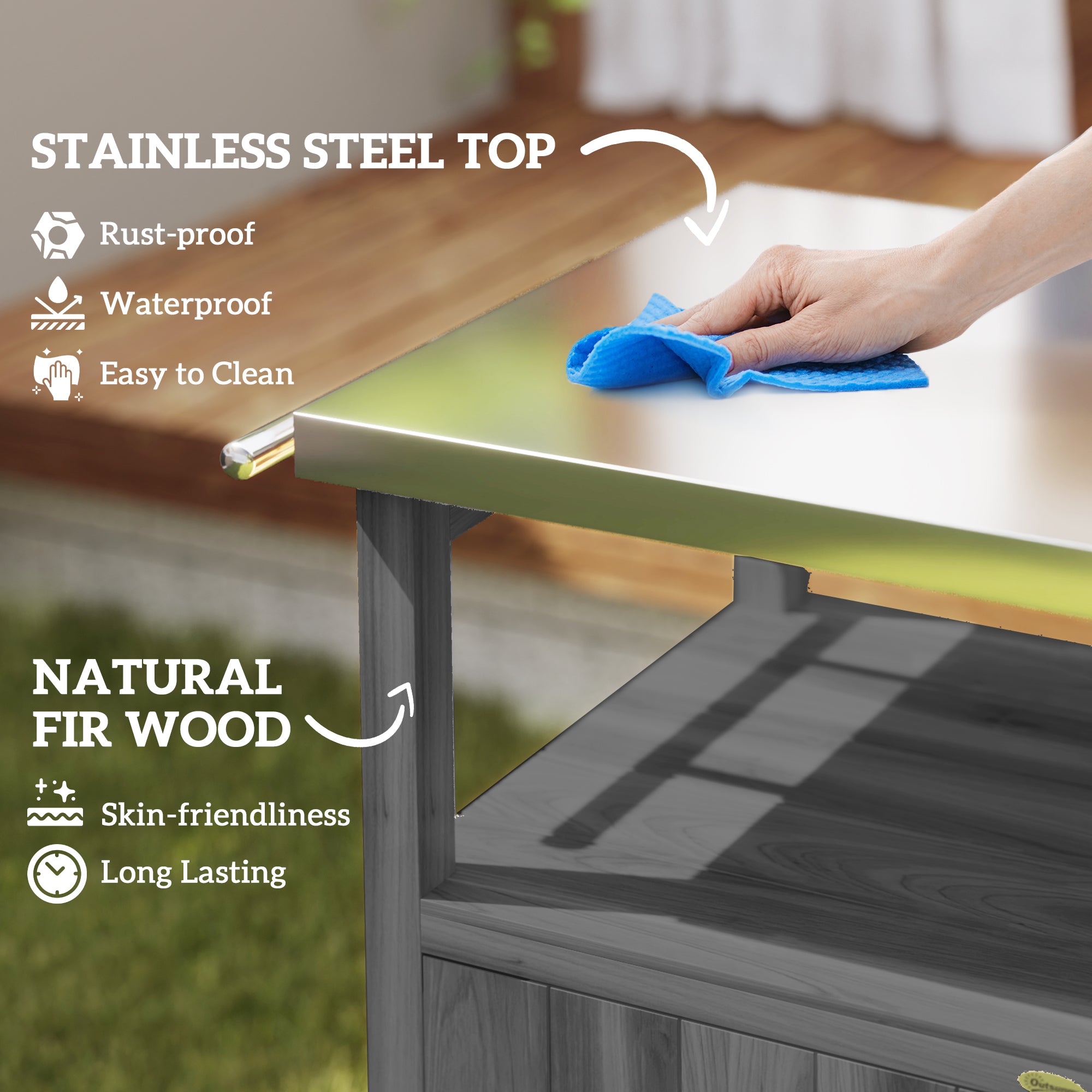 Outdoor Grill Cart w/ Stainless Steel Top, Solid Wood Outdoor Kitchen Island w/ Wheels, Integrated Hole