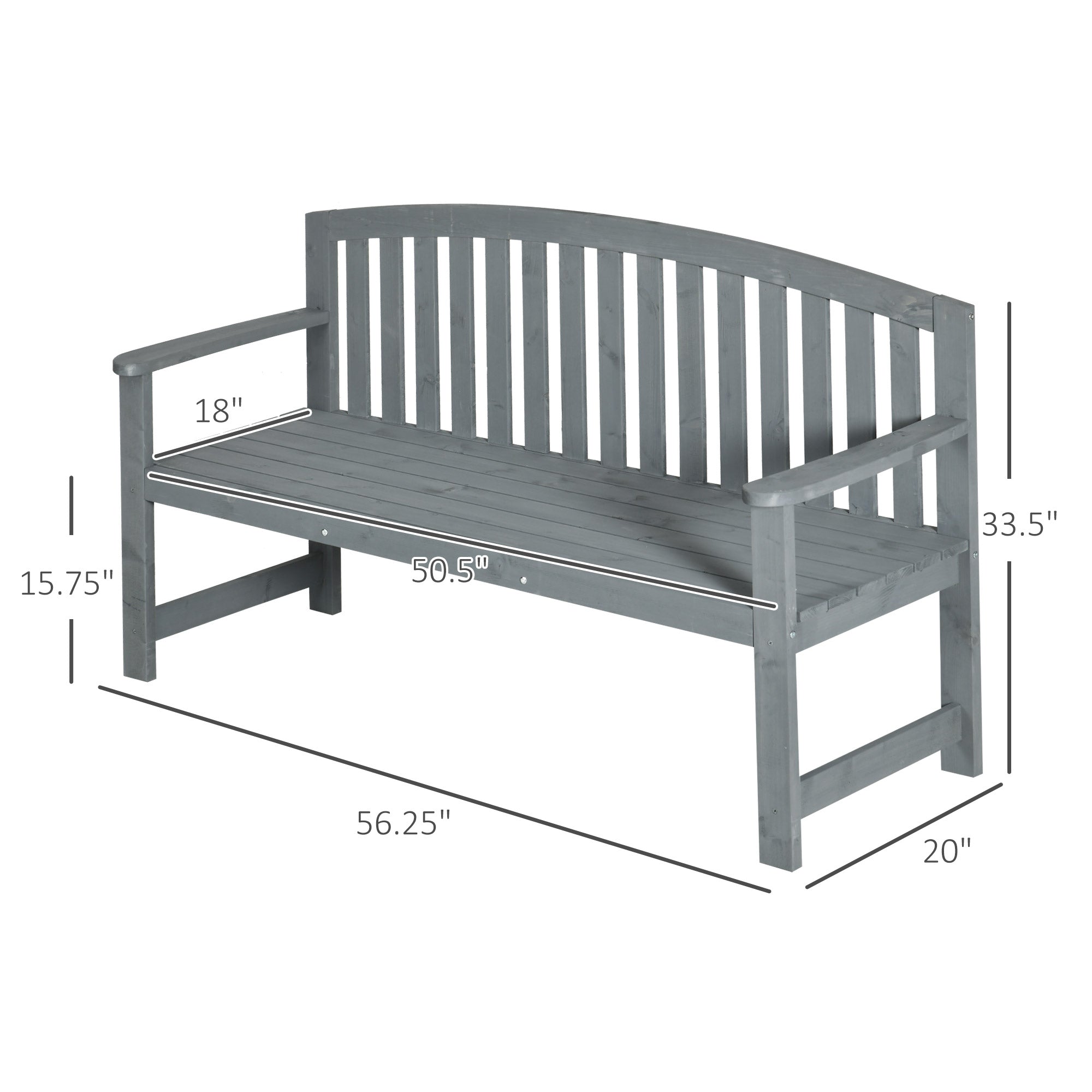 56" Outdoor Wood Bench, 2-Seater Garden Bench with Backrest and Armrest, Patio Bench for Patio, Porch, Poolside, Balcony
