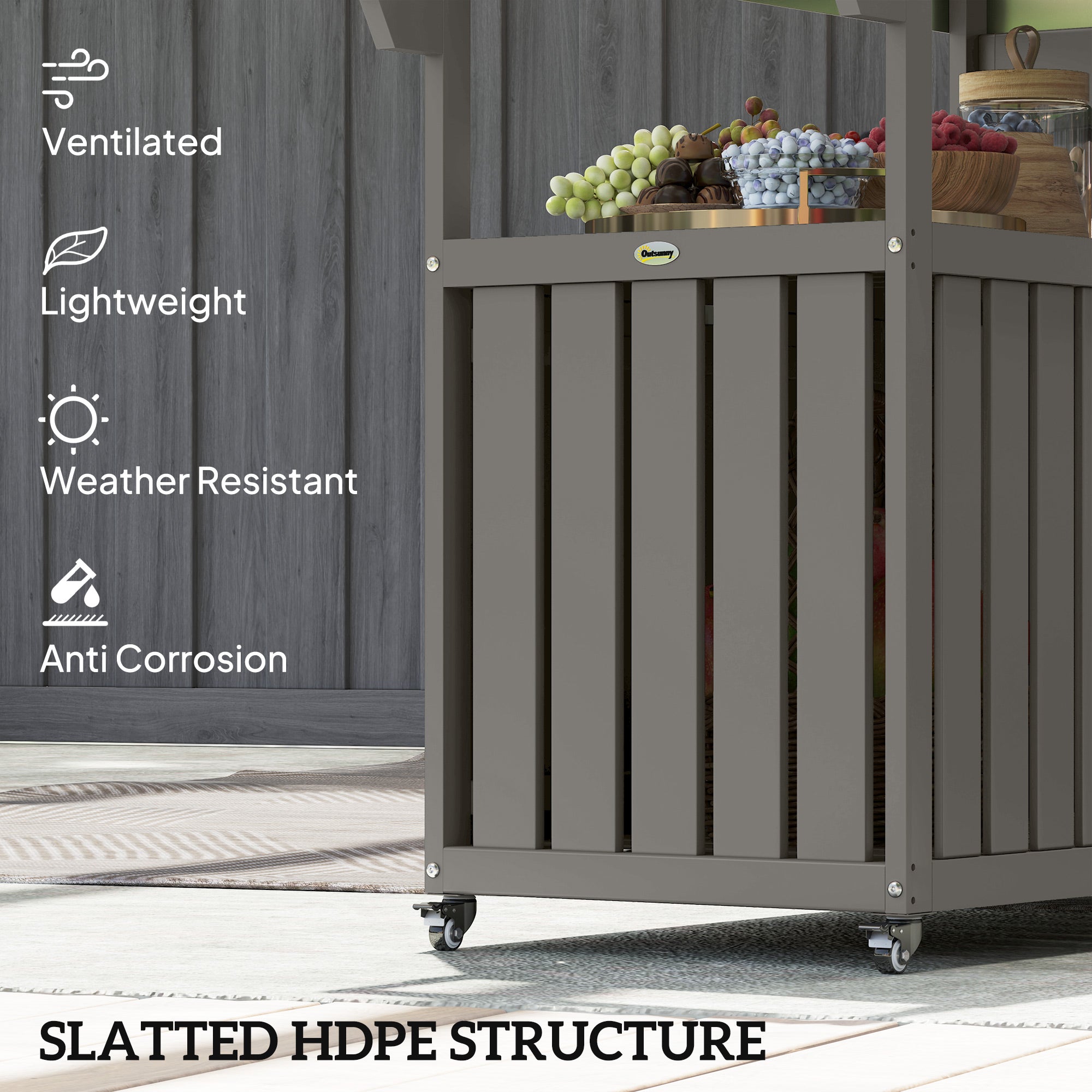 Outdoor Bar Cart with Storage, Stainless Steel Outdoor Bar Table Top, Wheeled HDPE Kitchen Island for Food Prep
