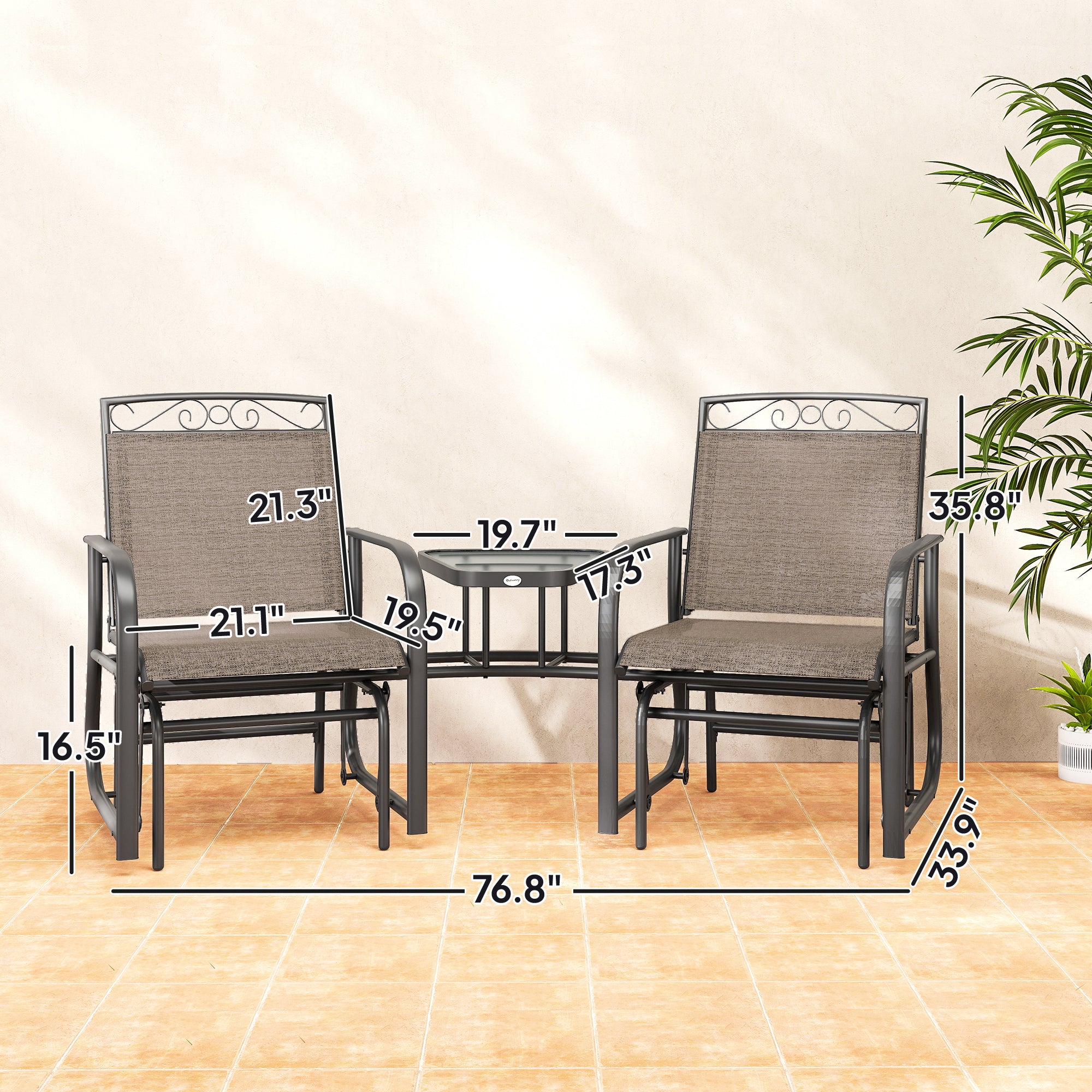 Outdoor Glider Chairs with Coffee Table, Patio 2-Seat Rocking Chair Swing with Breathable Sling for Backyard, Garden and Porch