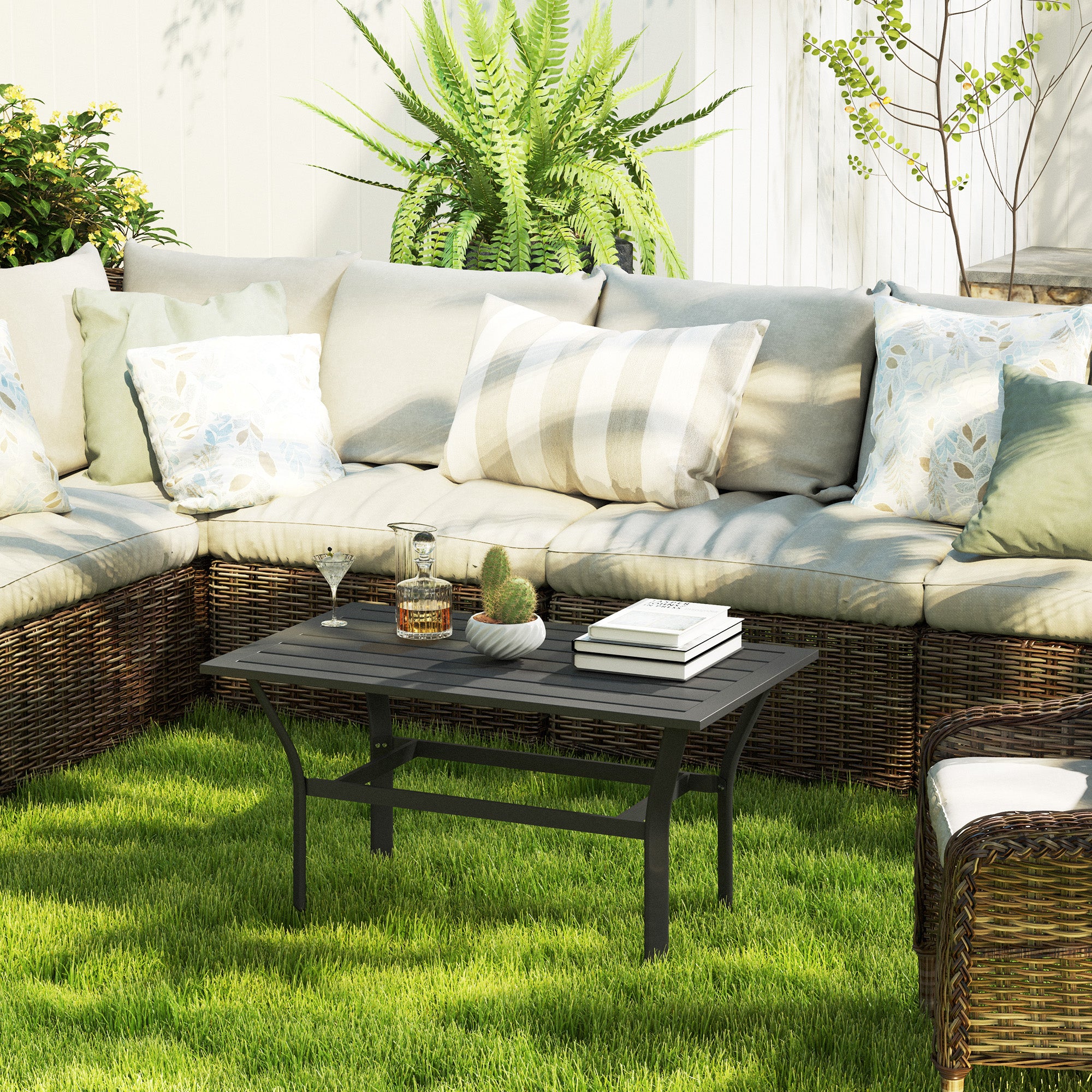 Outdoor Coffee Table with Slatted Tabletop, All-Weather Rectangle Metal Patio Coffee Table for Garden