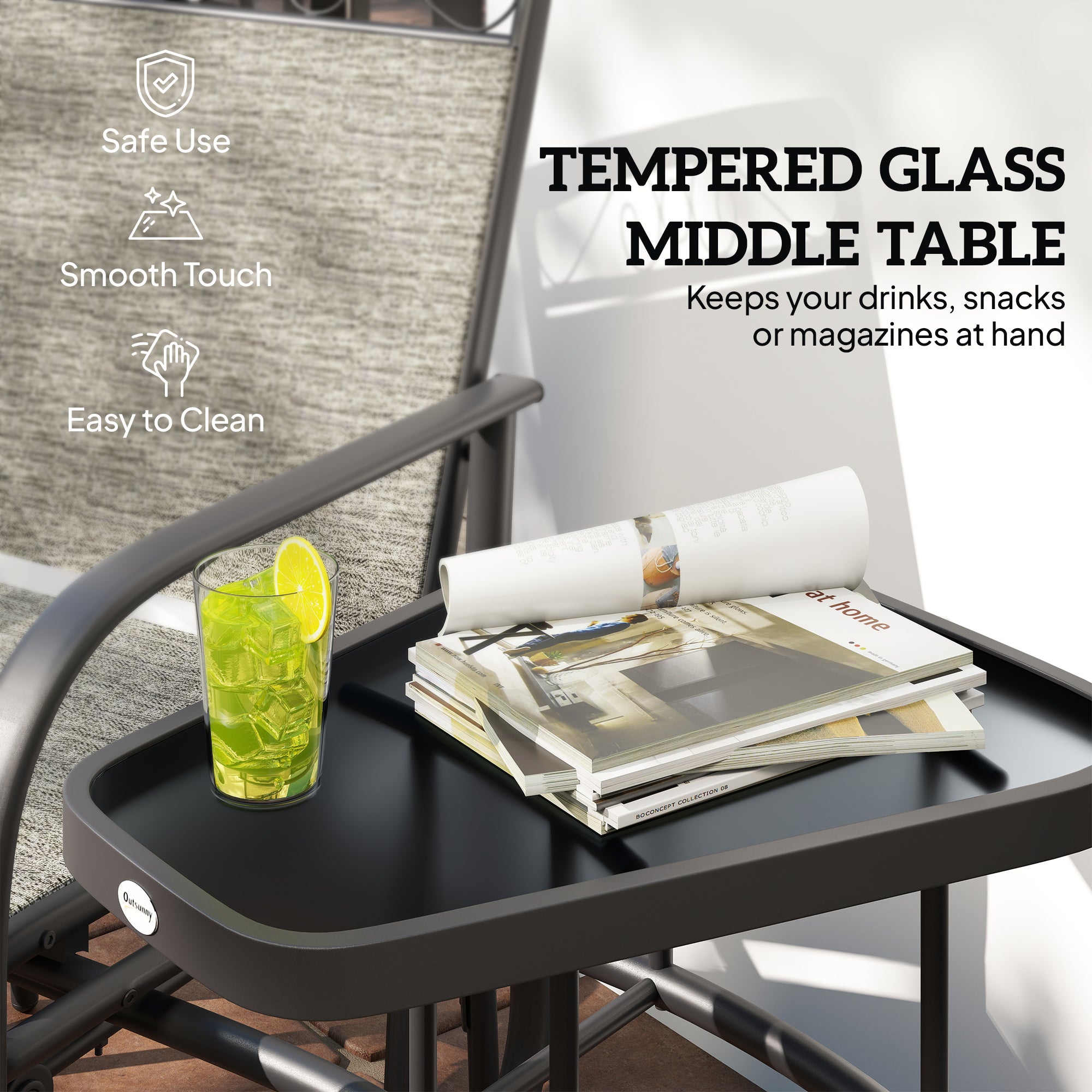 Outdoor Glider Chairs with Coffee Table, Patio 2-Seat Rocking Chair Swing with Breathable Sling for Backyard