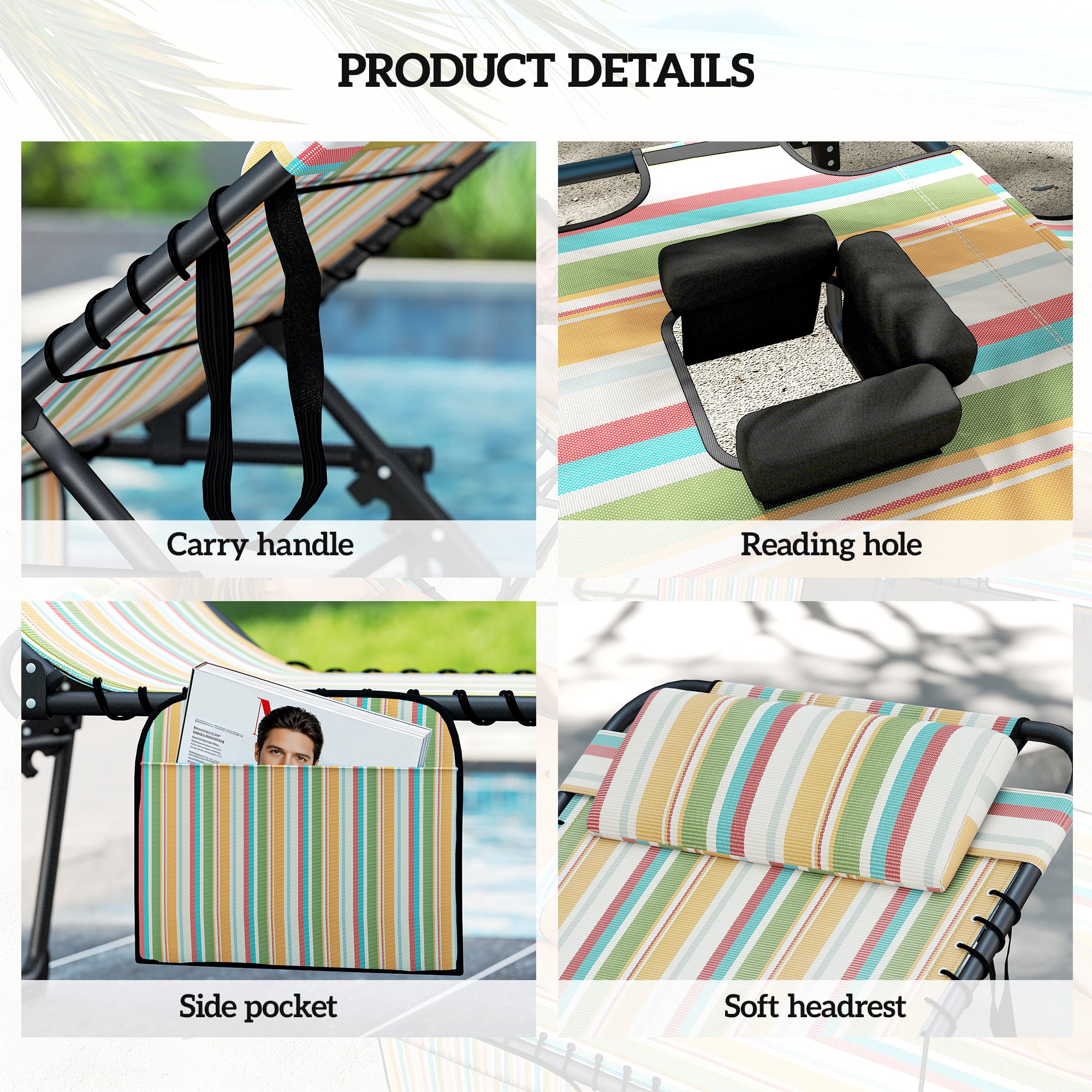 2 Piece Folding Chaise Lounge Pool Chairs with 5-level Reclining Back, Reading Hole, Side Pocket