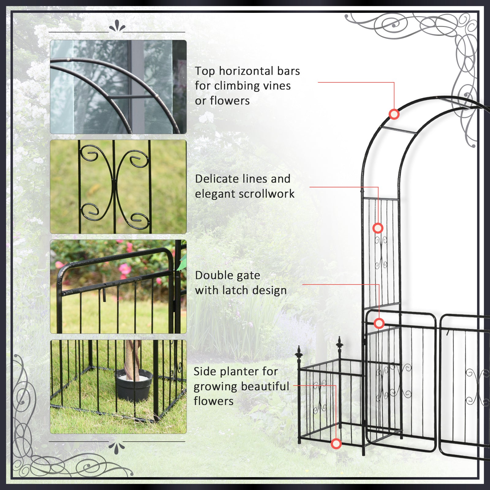 86" Garden Arch Arbor, Metal Arch Trellis with Gate and Planter Baskets, Garden Archway for Climbing Vines, Wedding Ceremony Decoration, Flourishes & Arrow Tips, Black