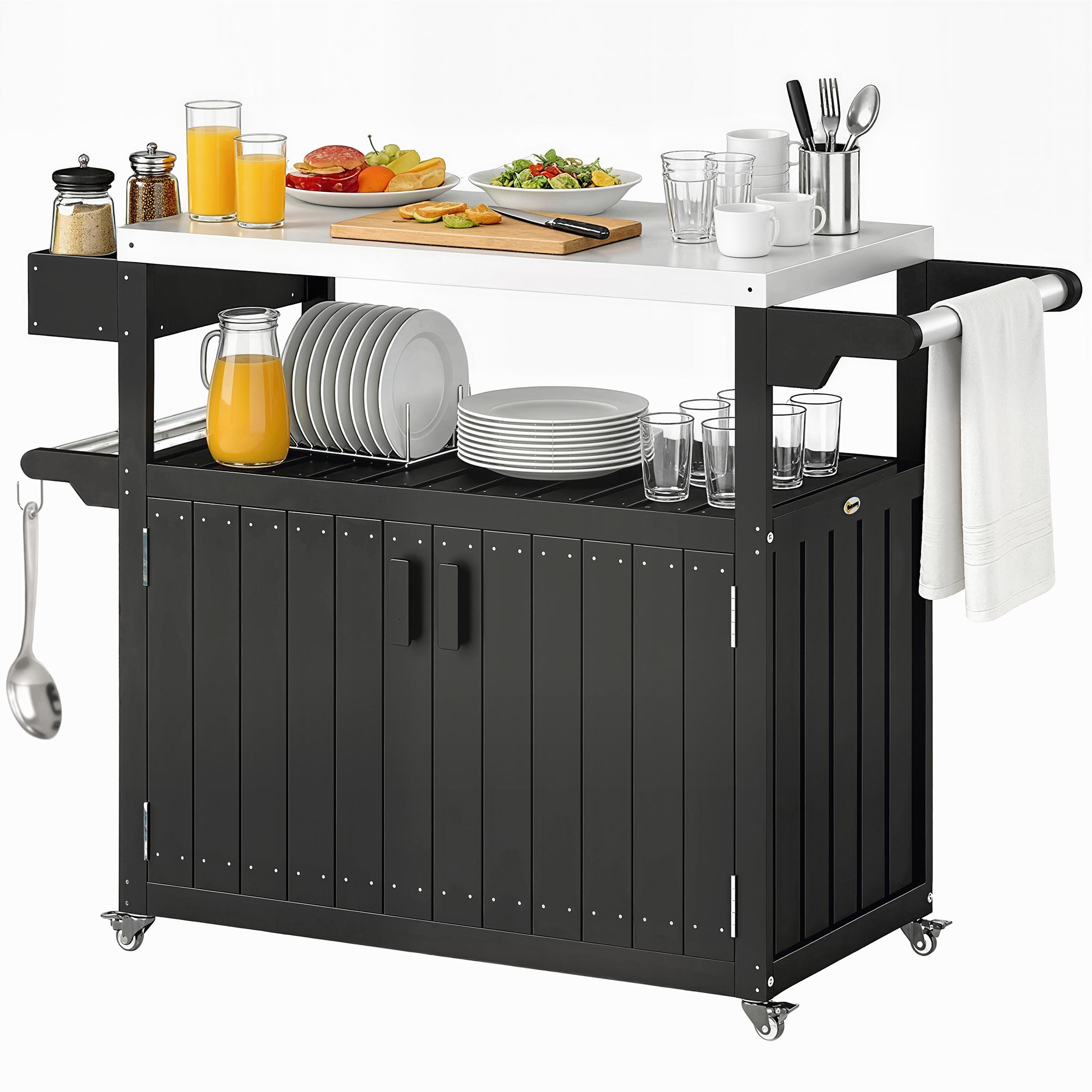 Outdoor Bar Cart with Storage, Stainless Steel Outdoor Bar Table Top, Wheeled HDPE Kitchen Island for Food Prep