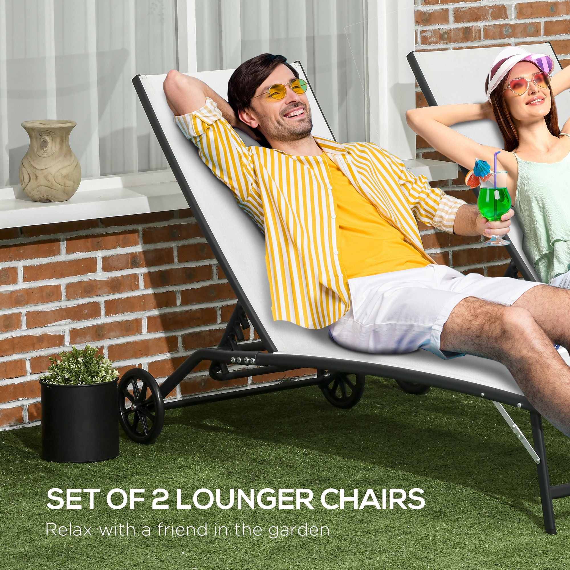 Chaise Lounge Outdoor, 2 Piece Lounge Chair with Wheels, Tanning Chair with 5 Adjustable Positions for Patio, Beach, Yard, Pool