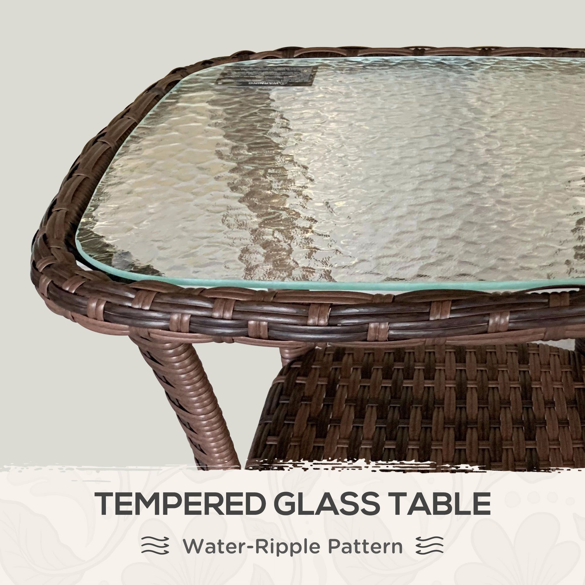 Outdoor Coffee Table with Storage Shelf, Hand-Woven Wicker Side Table with Water-Ripple Glass Top