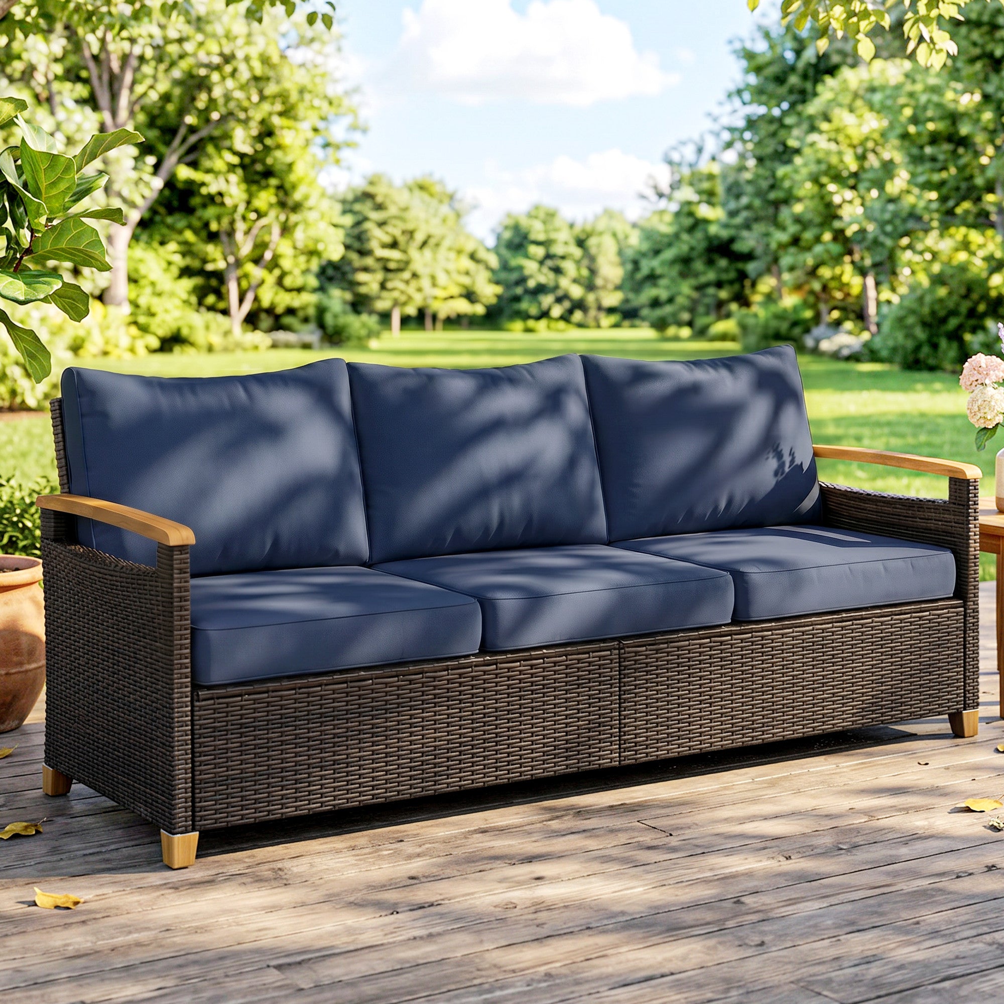 3 Seater Outdoor Couch Sofa, PE Wicker Patio Sofa, Wide Deep Seat, 4" Cushions, Wood-Effect Armrests Legs