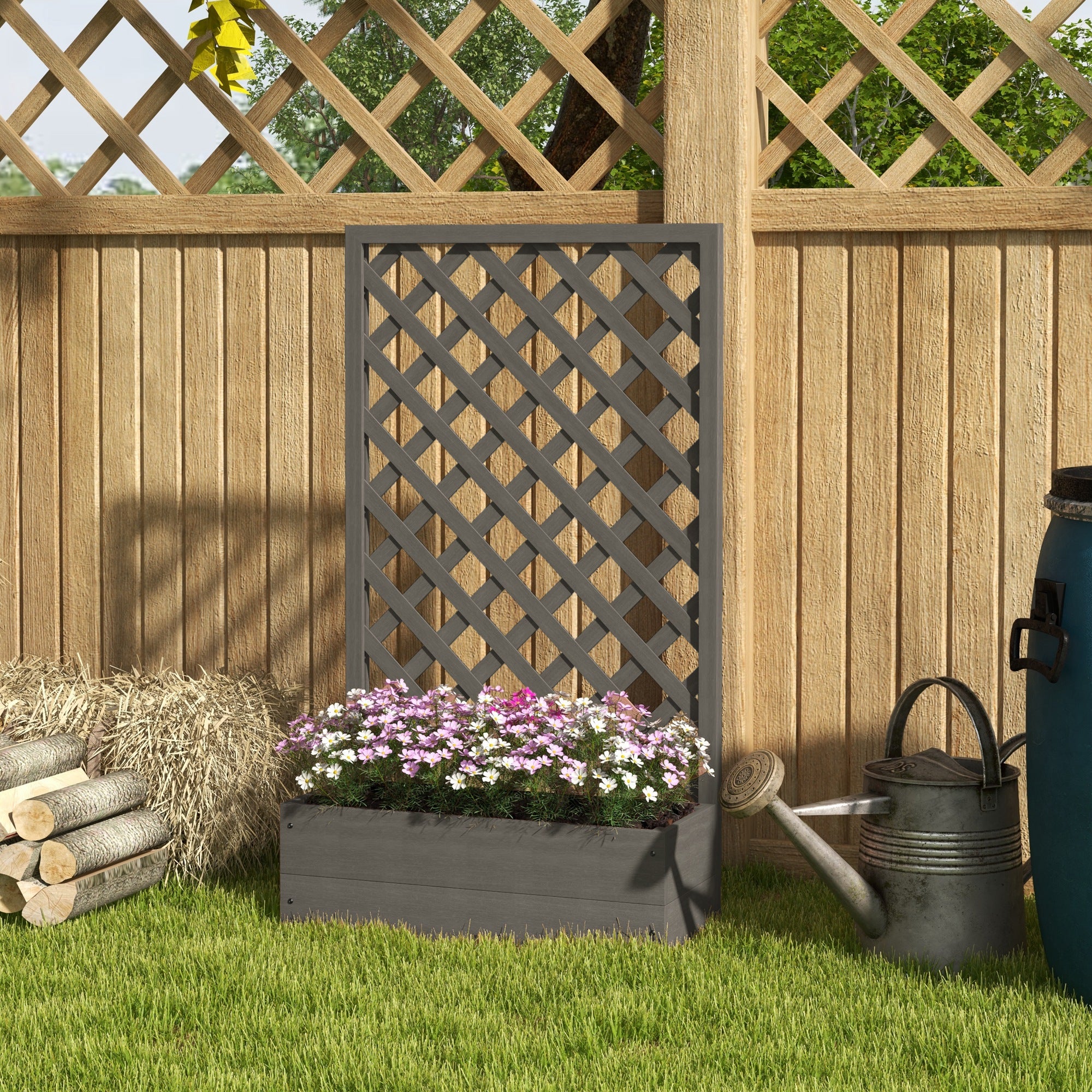 Trellis Planter Box for Climbing Plants, Raised Garden Bed w/ Trellis Lattice for Outdoor Garden, Deck, Backyard