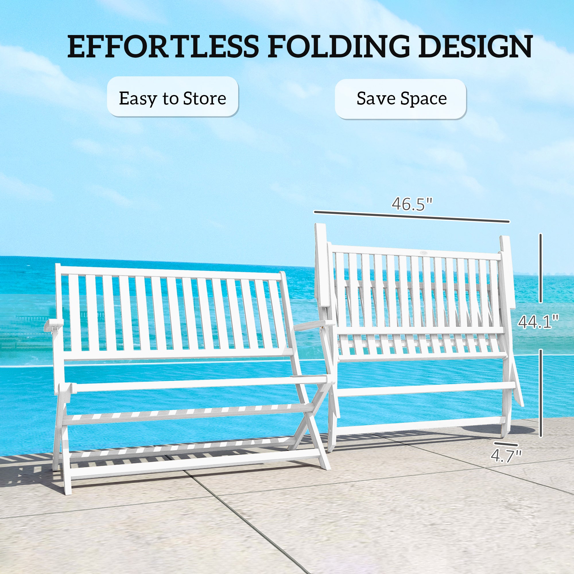2-Person Foldable Wood Outdoor Bench with Backrest and Armrests for Garden, Porch, Park, Balcony