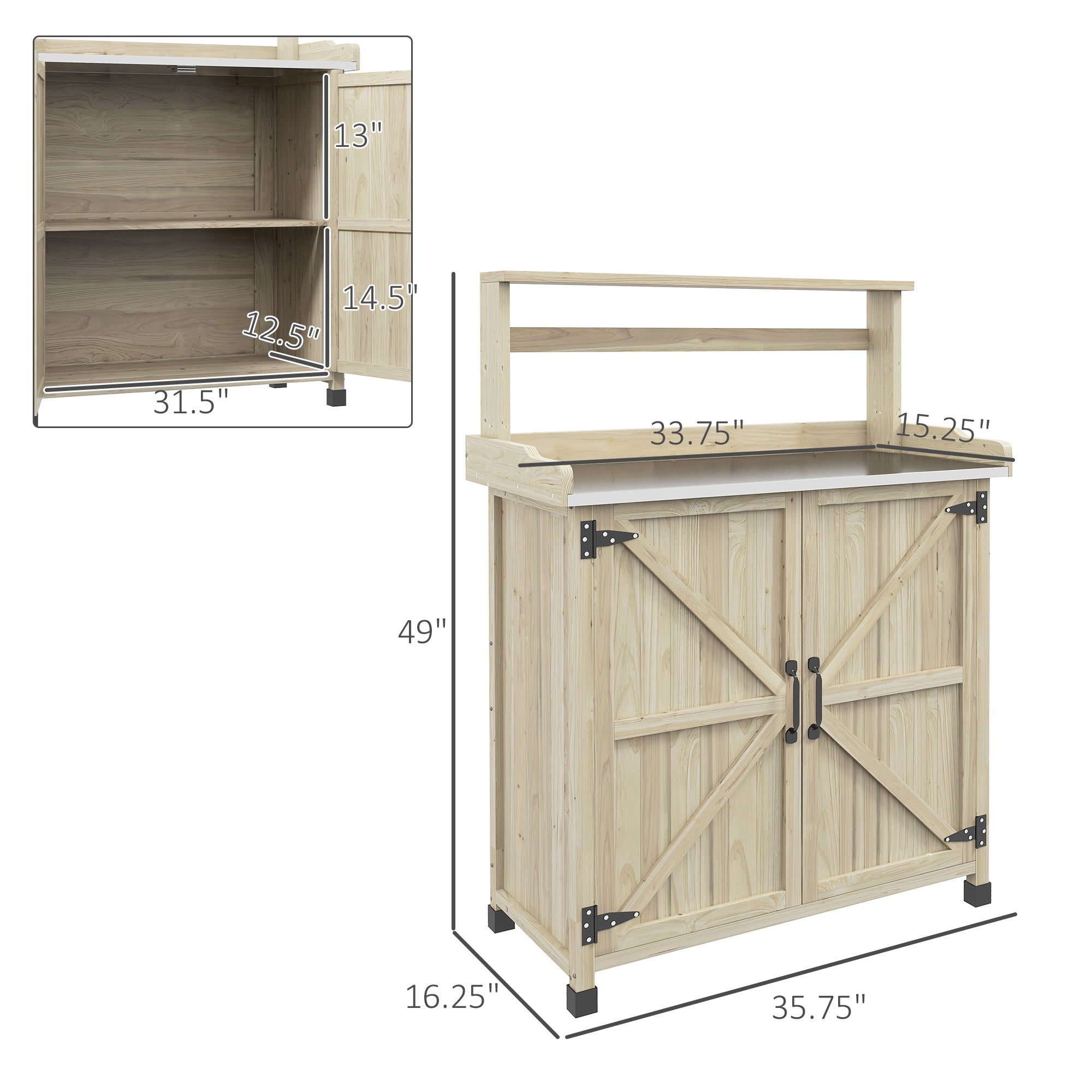 Outdoor Wooden Potting Bench with Storage Cabinet, Shelves, Galvanized Plated Tabletop for Backyard, Balcony