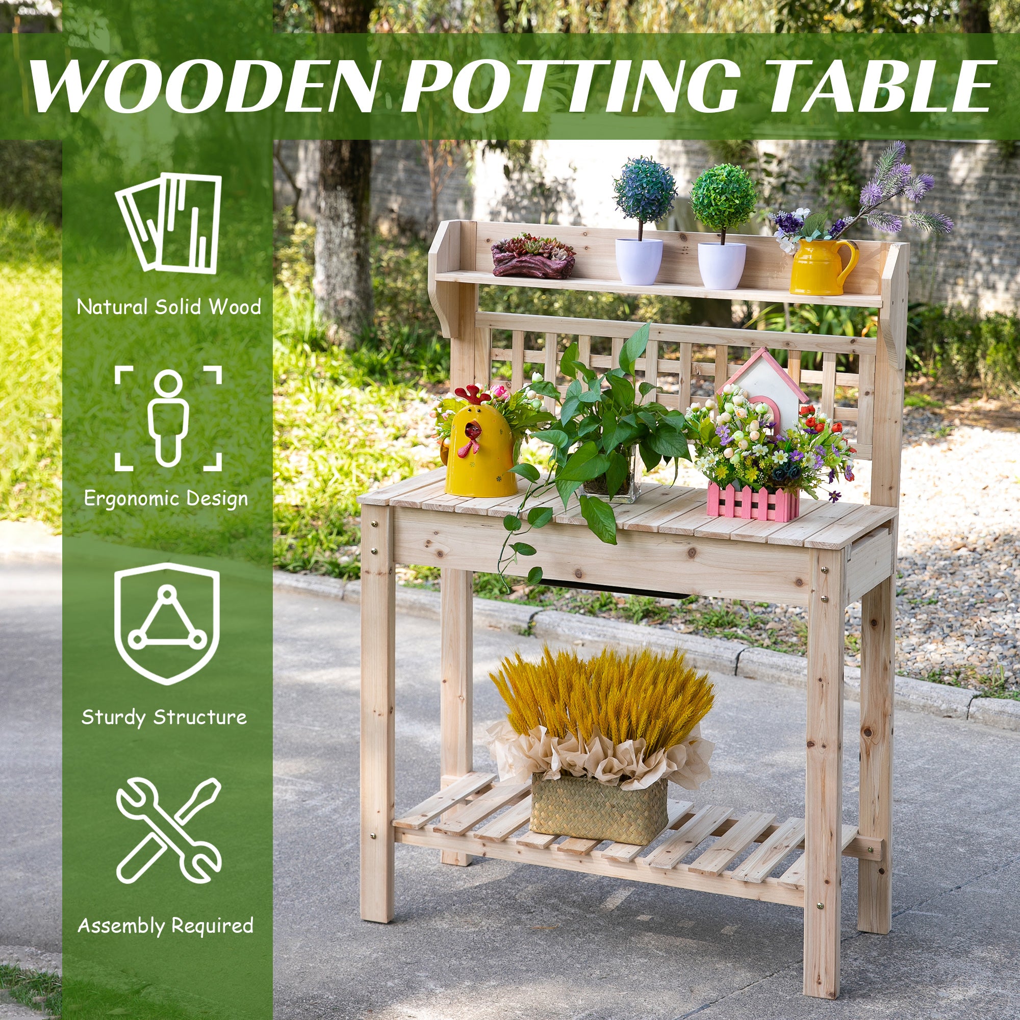 Outdoor Potting Bench Table, Wooden Workstation with Sliding Tabletop, Storage Shelf and Dry Sink, for Greenhouse, Garden, Patio