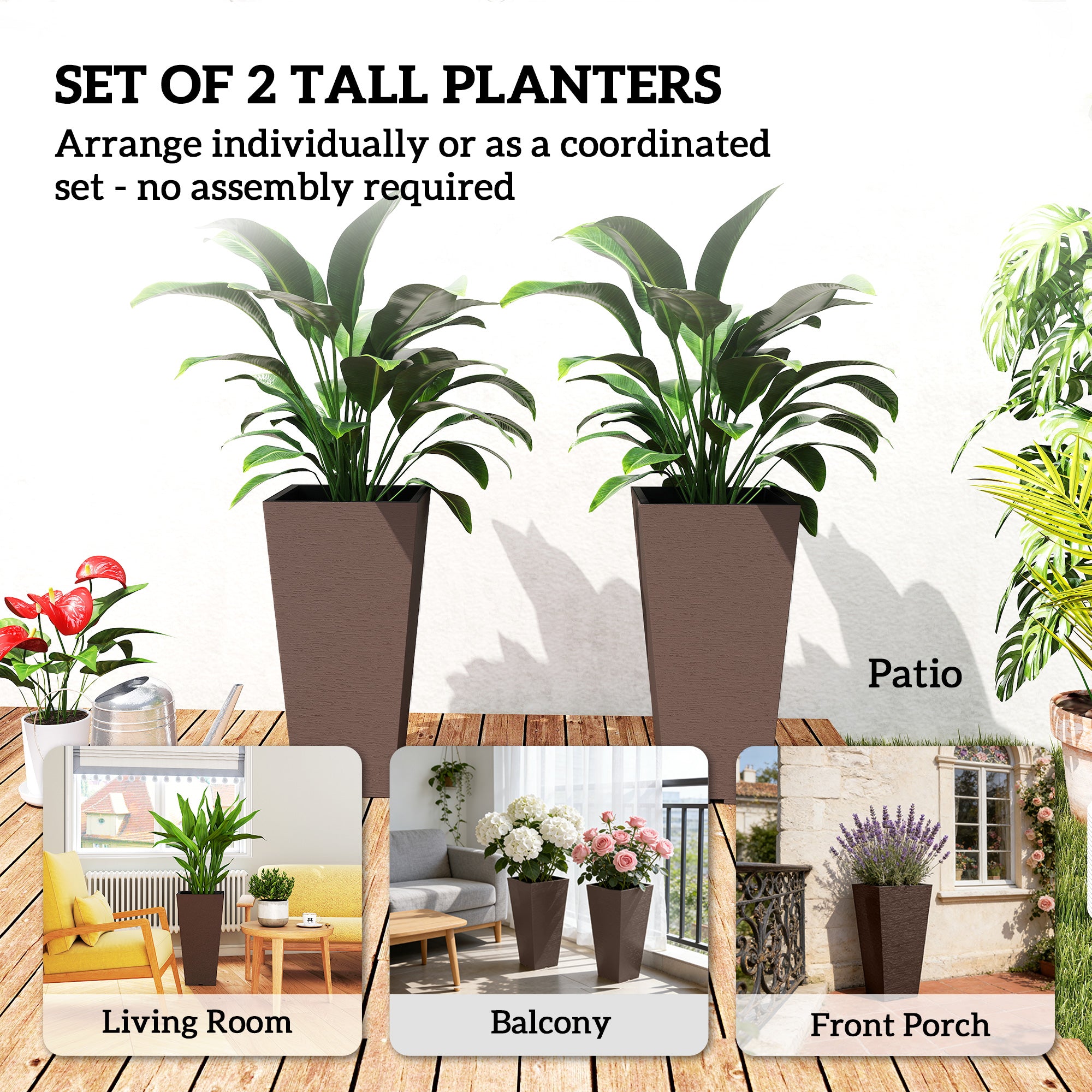 23 Inch Tall Planters for Outdoor Plants, Set of 2 Plastic Flower Pots, for Front Door Patio Garden Use