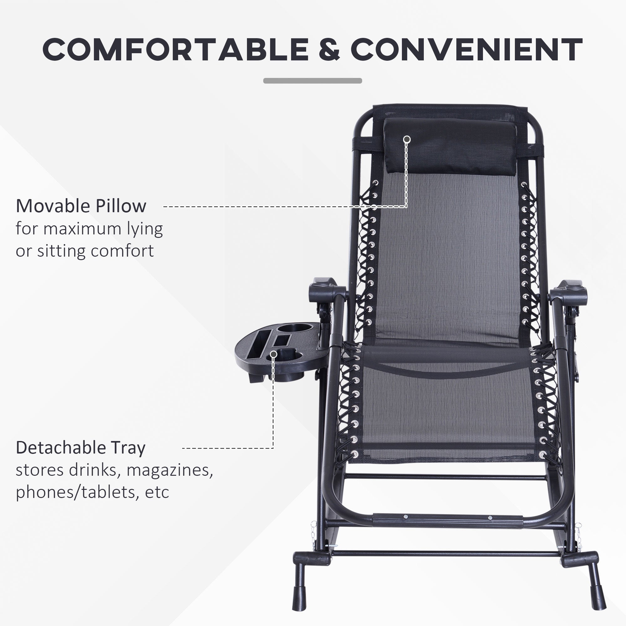 Outdoor Rocking Chairs, Foldable Reclining Zero Gravity Lounge Rocker with Pillow, Cup & Phone Holder, Combo Design with Folding Legs