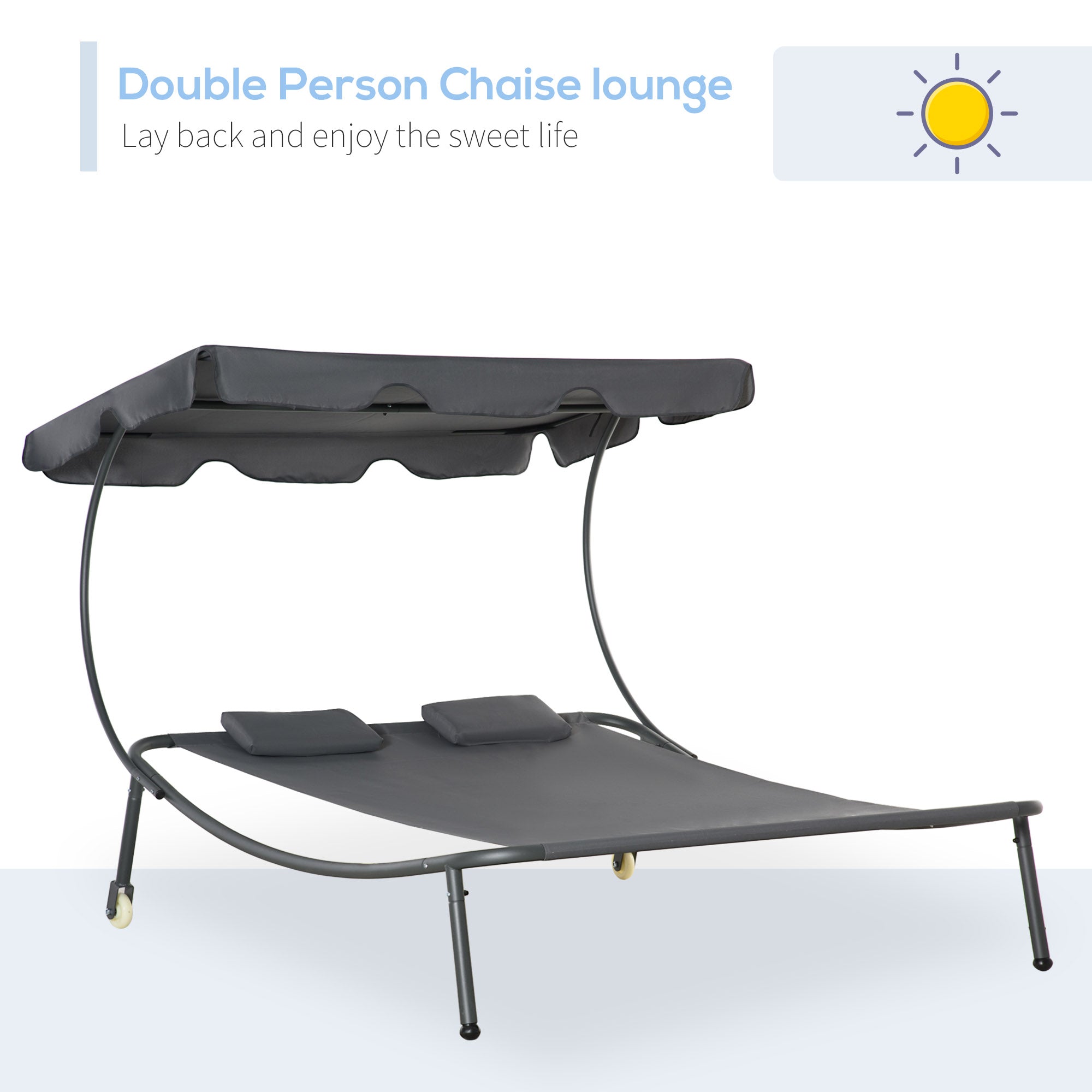 Patio Double Chaise Lounge Chair, Outdoor Wheeled Hammock Daybed with Adjustable Canopy and Pillow for Sun Room, Garden, or Poolside, Grey