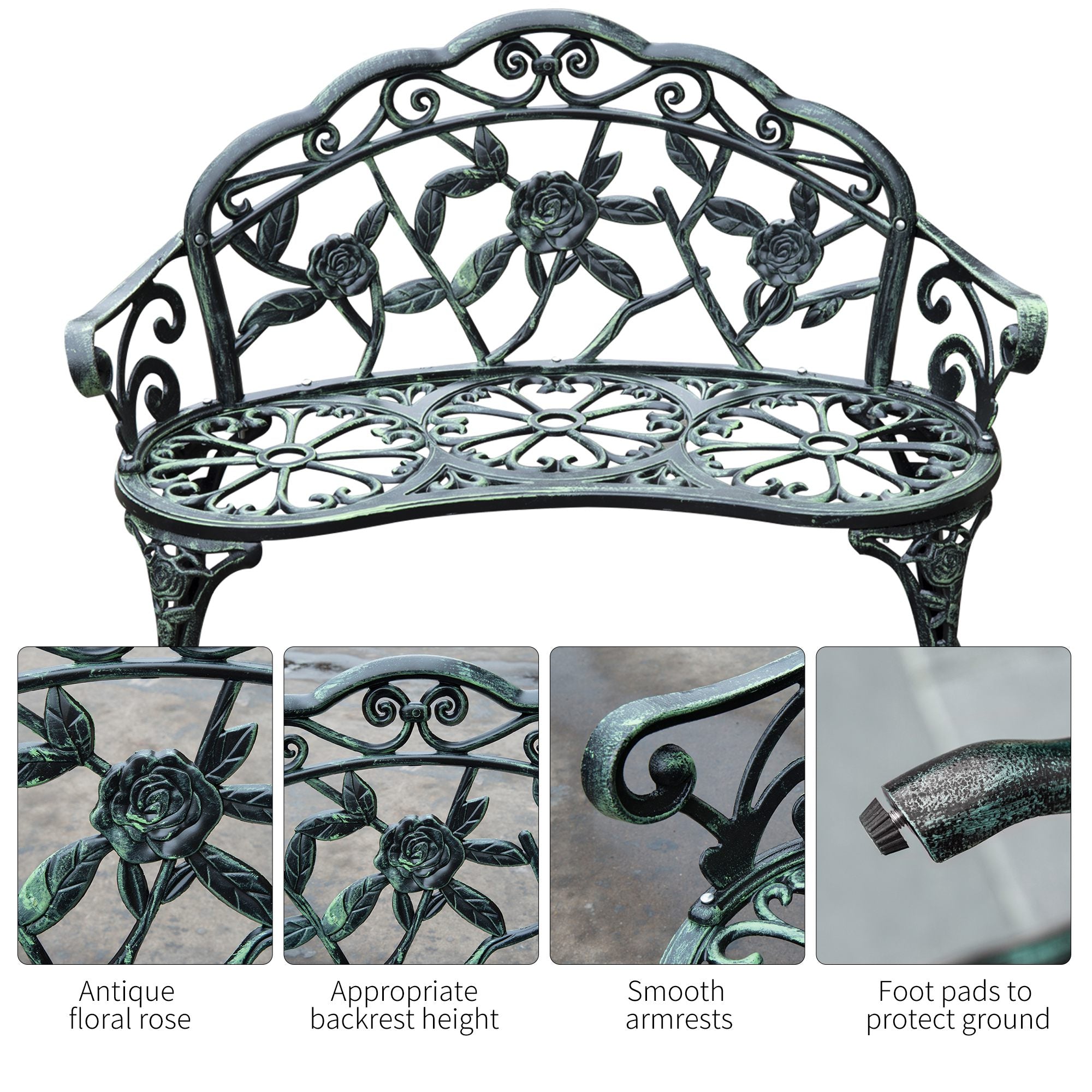 Outdoor Bench, Cast Aluminum Outdoor Furniture, Metal Bench with Floral Rose Accent & Antique Finish, Green