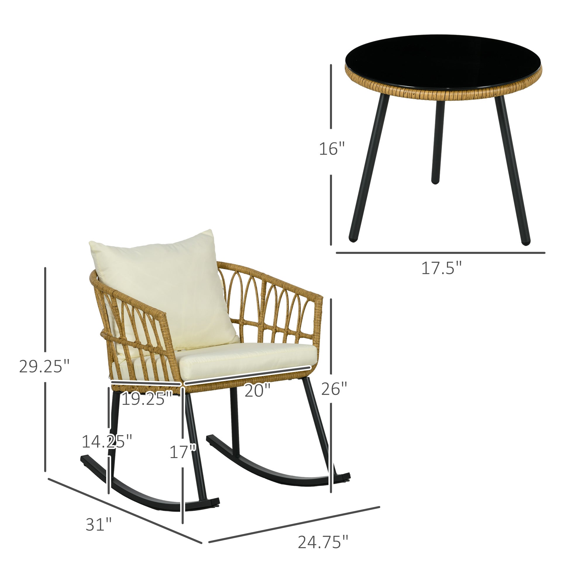 Wicker Outdoor Rocking Chair Set, 3 Piece Patio Bistro Set with 2 Porch Rocker Chairs, Glass Top Coffee Table and Cushions, Patio Conversation Set for Balcony, Backyard, Cream White