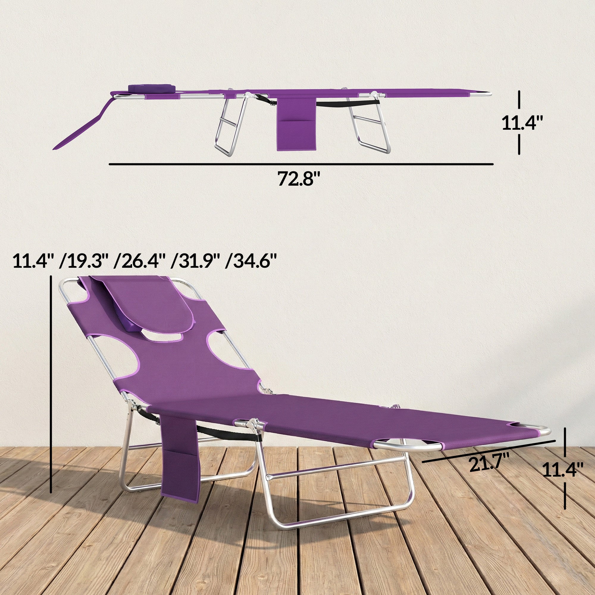 Tanning Chair with Face Hole, 5-Level Adjustable Outdoor Chaise Lounge Chair with Pillow for Beach, Pool