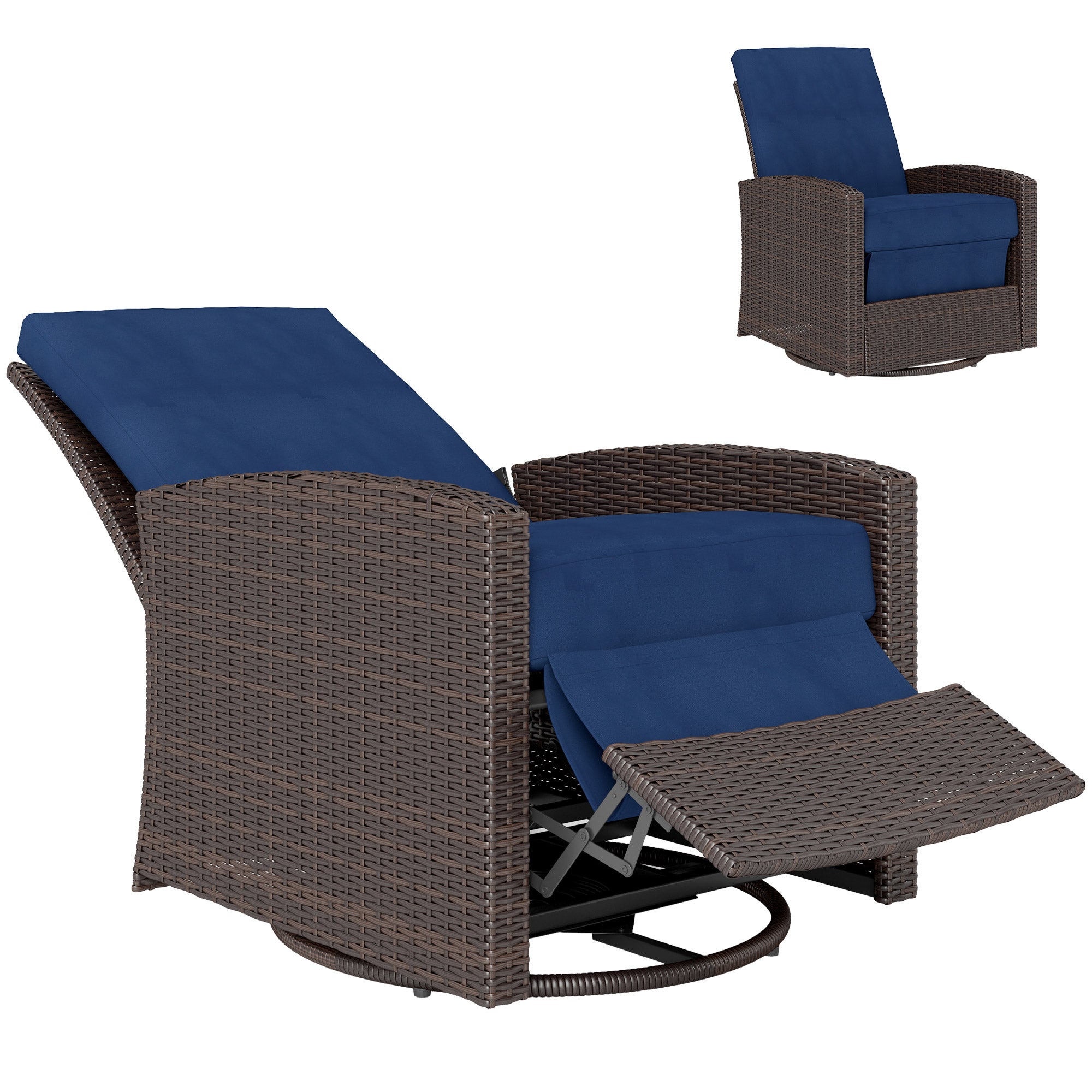 Outdoor Wicker Swivel Recliner Chair, Reclining Backrest, Lifting Footrest, 360° Rotating Basic, Water Resistant Cushions for Patio