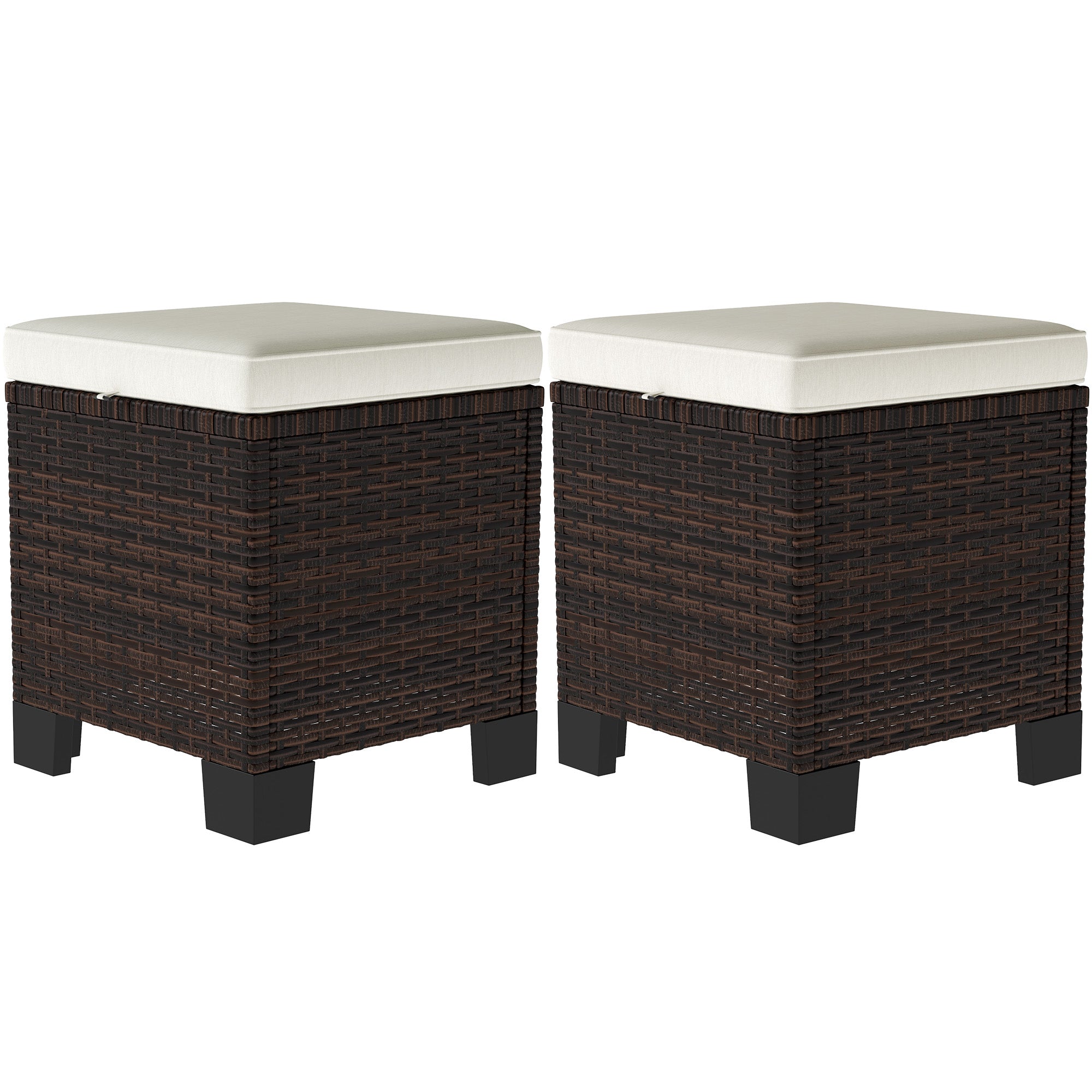 2 Piece Wicker Outdoor Ottomans with Cushions, Rattan Ottoman Footrest and Side Table for Patio, Yard, Poolside