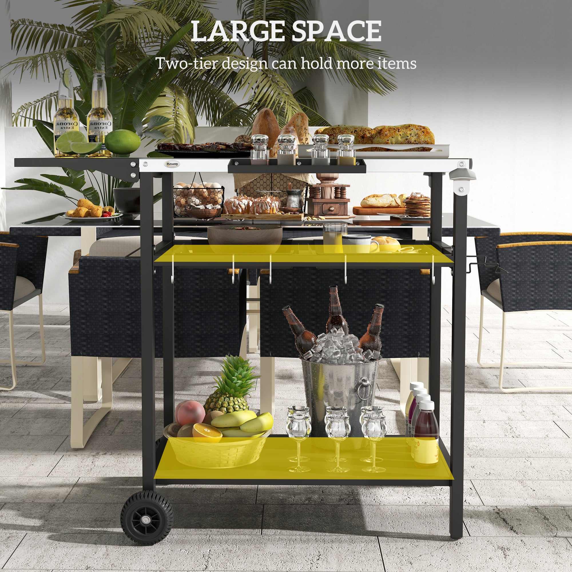 2-Tier Shelf Outdoor Bar Cart, Stainless Steel Tabletop Patio Serving Cart with Accessories for Poolside, Garden, Black