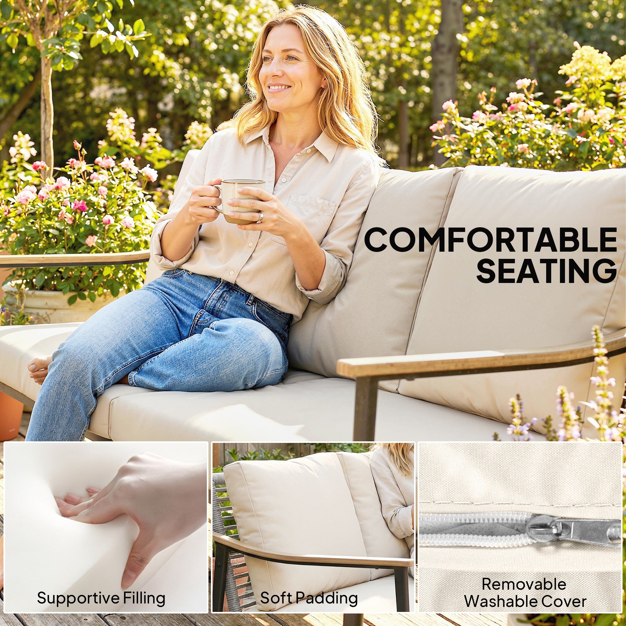 3 Seater Outdoor Patio Sofa, Outdoor Couch with Wood-Effect Armrests, Wicker Backrest, Cushions for Garden Yard, Khaki