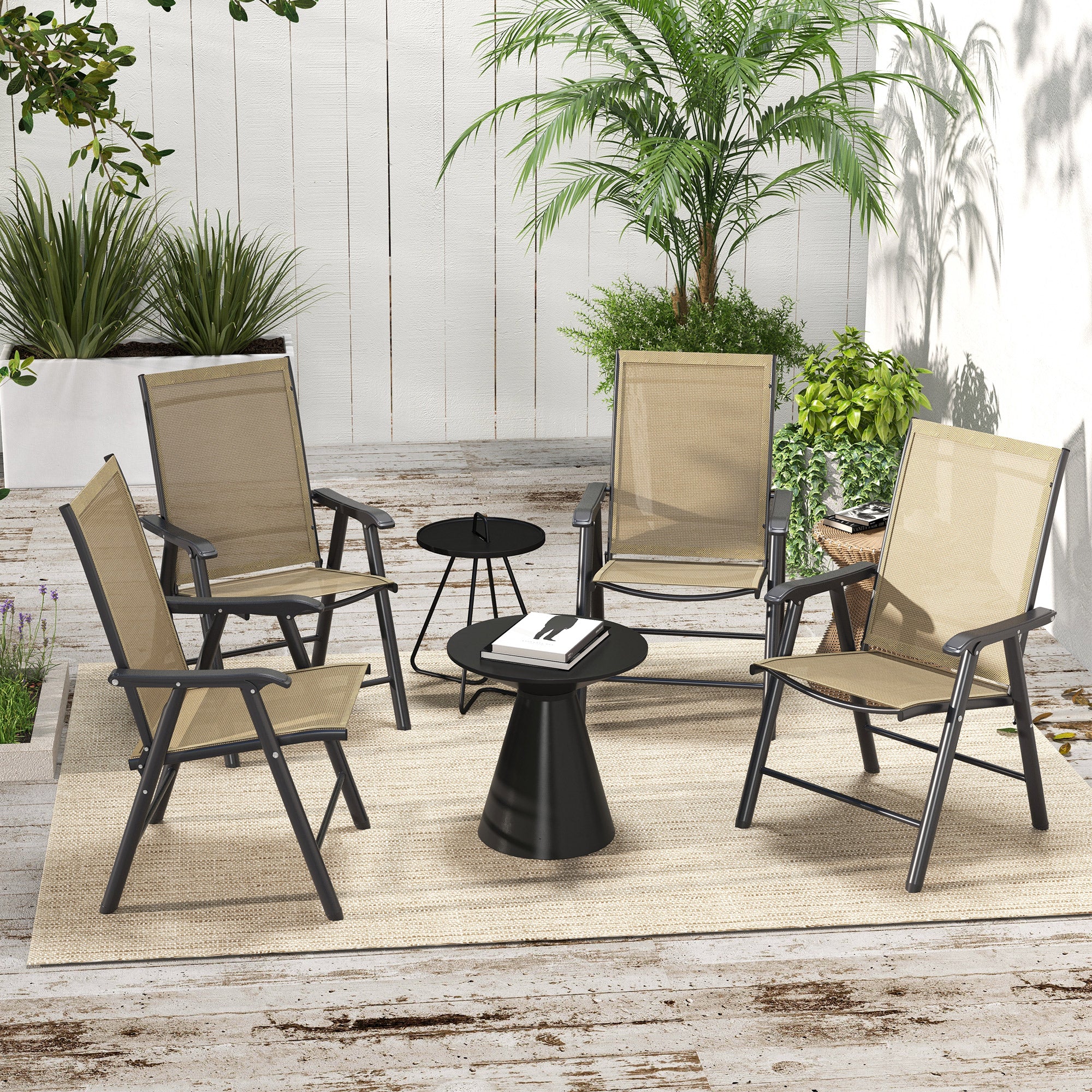 Set of 4 Outdoor Folding Chairs, Stackable Patio Dining Chairs with Armrests, Metal Frame
