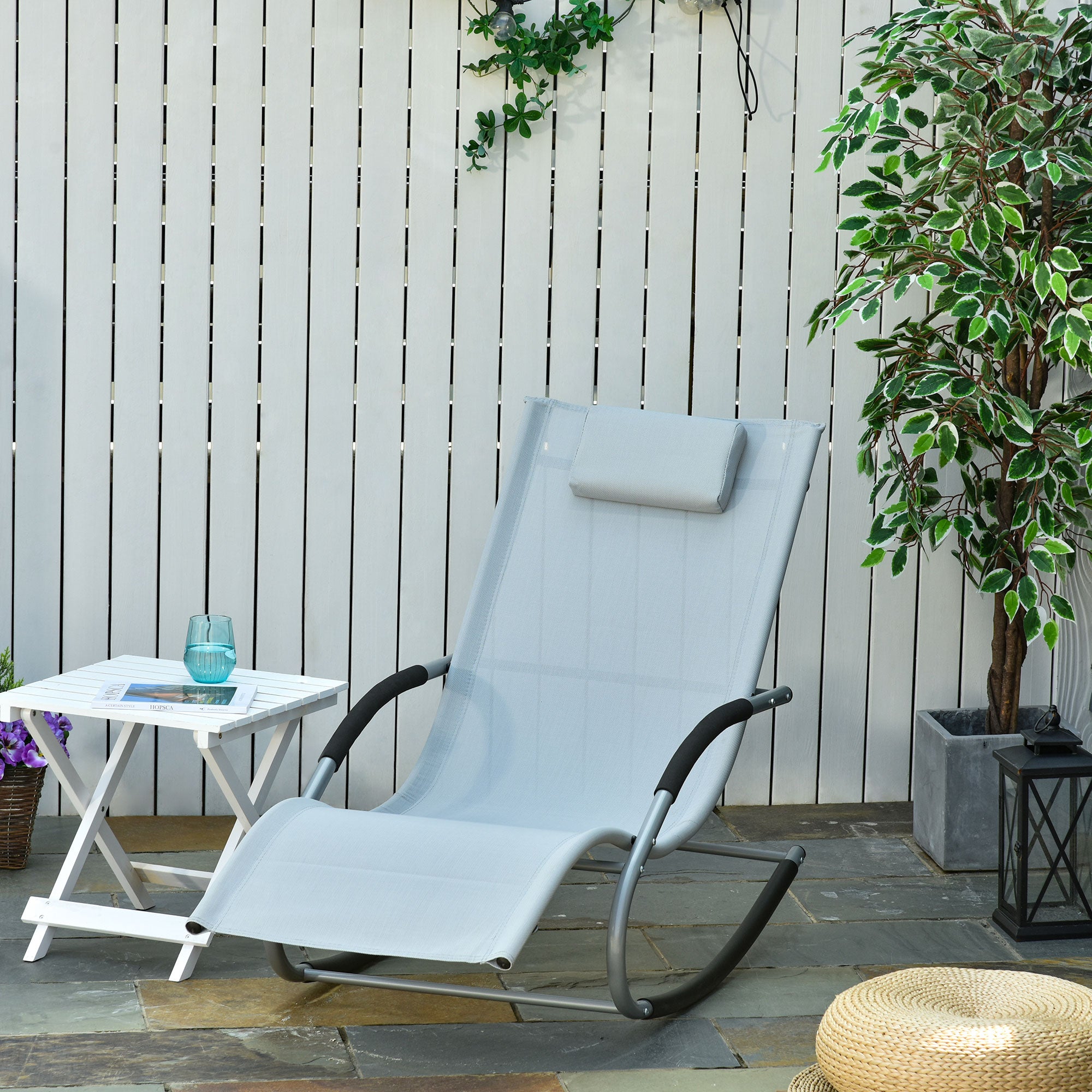 Zero Gravity Rocking Chair Outdoor Chaise Lounge Chair Recliner Rocker with Detachable Pillow and Weather-Fighting Fabric for Patio, Deck, Pool