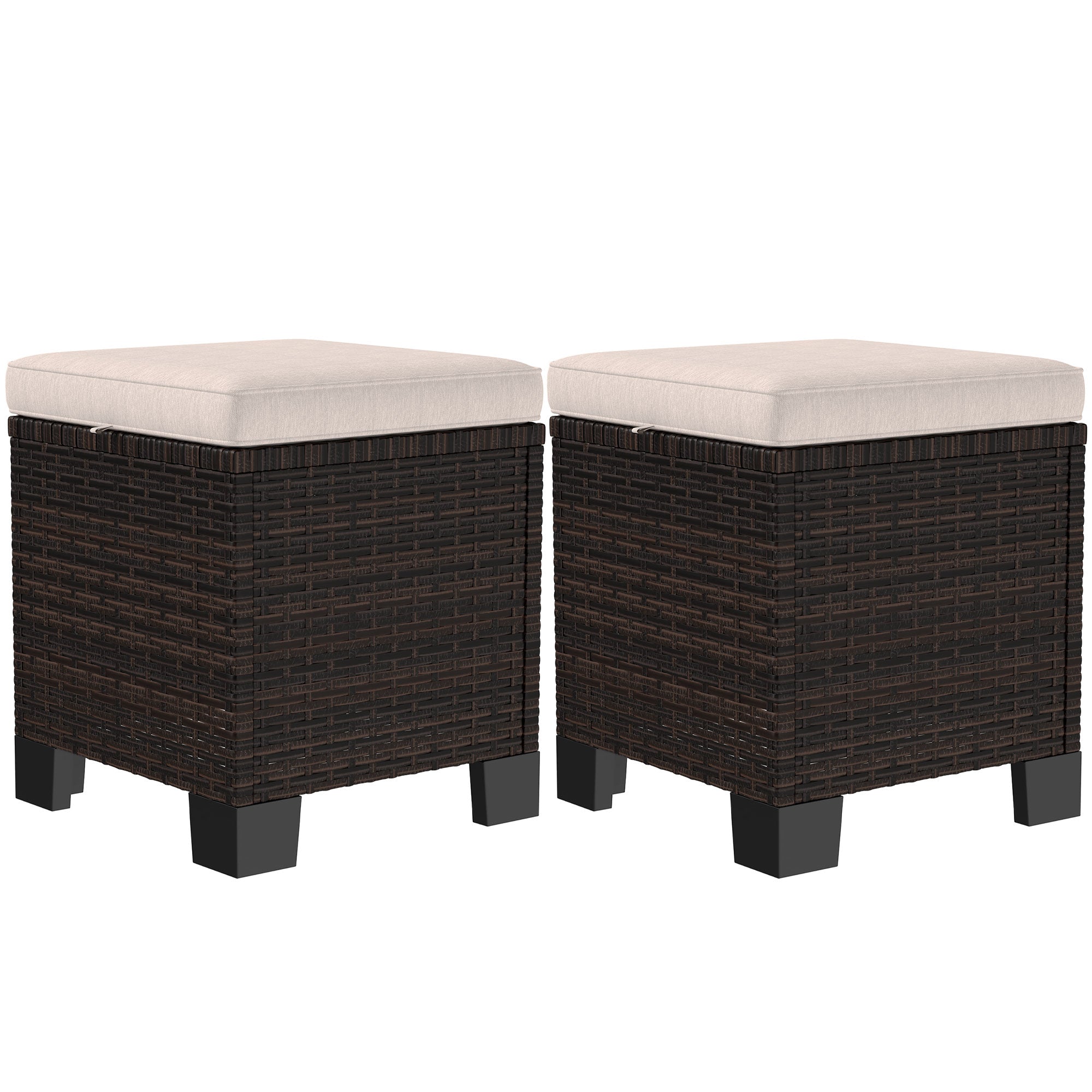 2 Piece Wicker Outdoor Ottomans with Cushions, Rattan Ottoman Footrest and Side Table for Patio, Yard, Poolside
