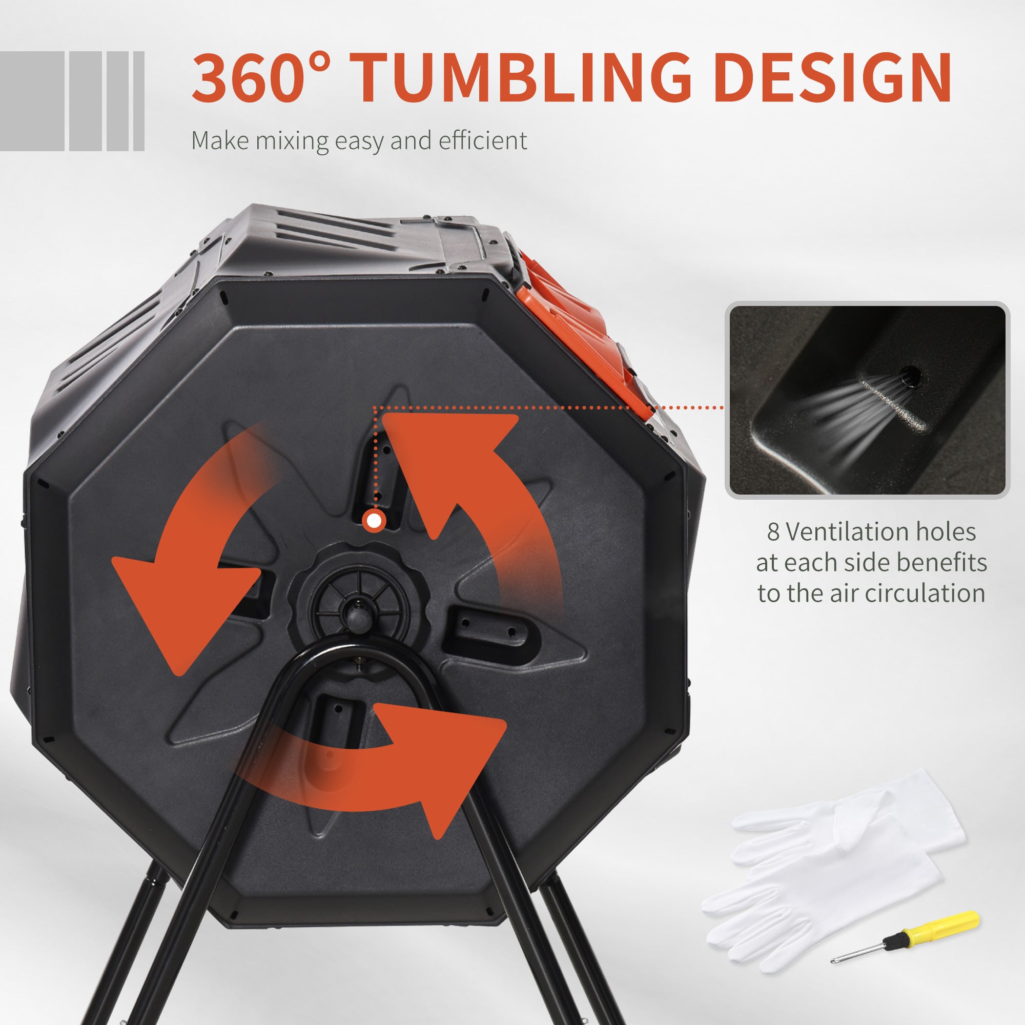 Tumbling Compost Bin Outdoor 360° Dual Chamber Rotating Composter 43 Gallon