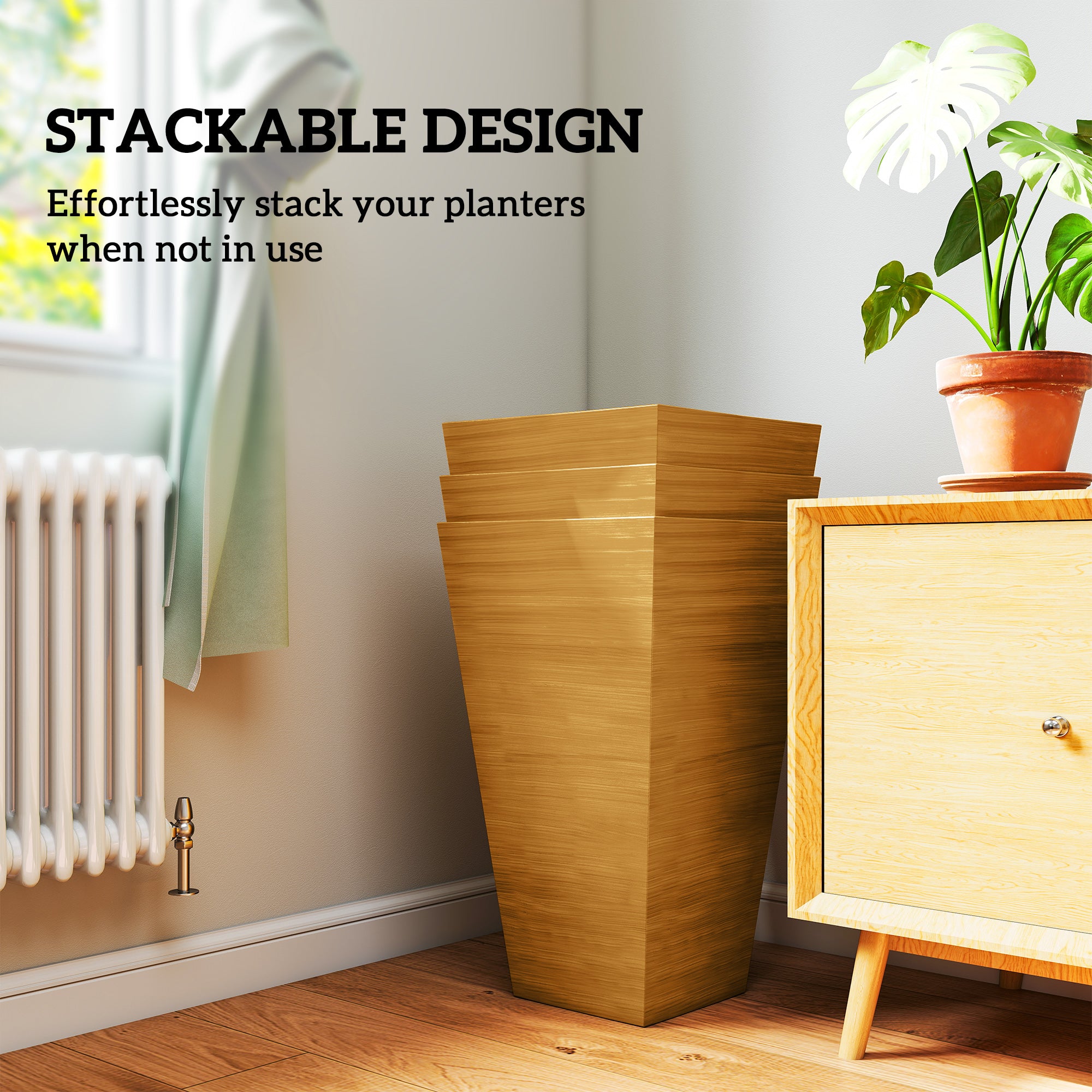 Set of 3 Tall Planters, 28" Outdoor Planter w/ Drainage Holes, Faux Wood Plastic Flower Pots, Light Brown