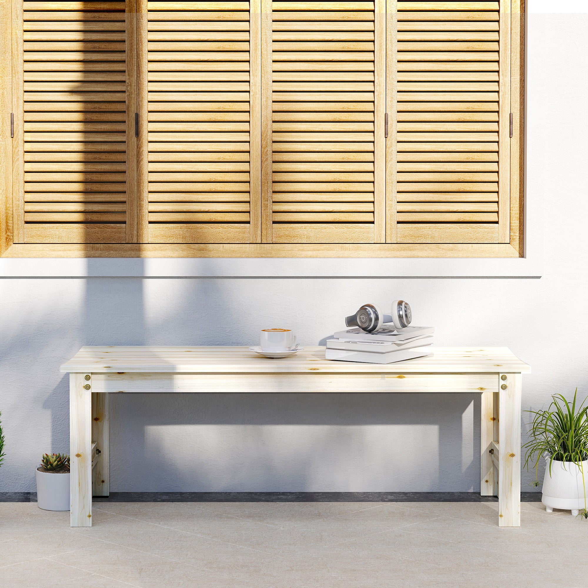 2-Seat Wood Garden Bench, Patio Bench Outdoor Bench with Slatted Seat, Backless Front Porch Bench for Park, Garden, Poolside, Deck