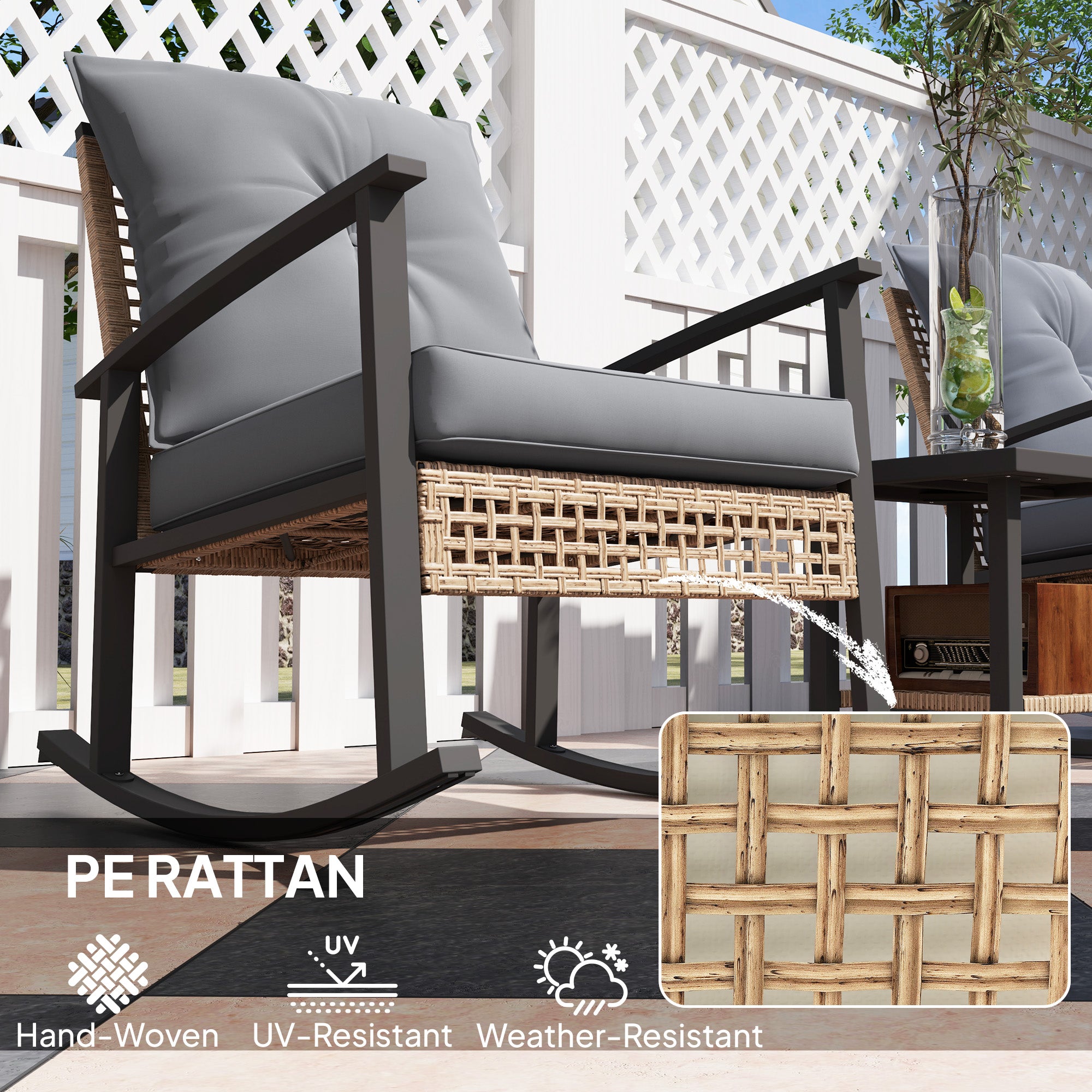3 Pieces Bistro Set, Patio Wicker Furniture Set with Button Tufted Cushions, Rattan Rocking Chairs, Coffee Table