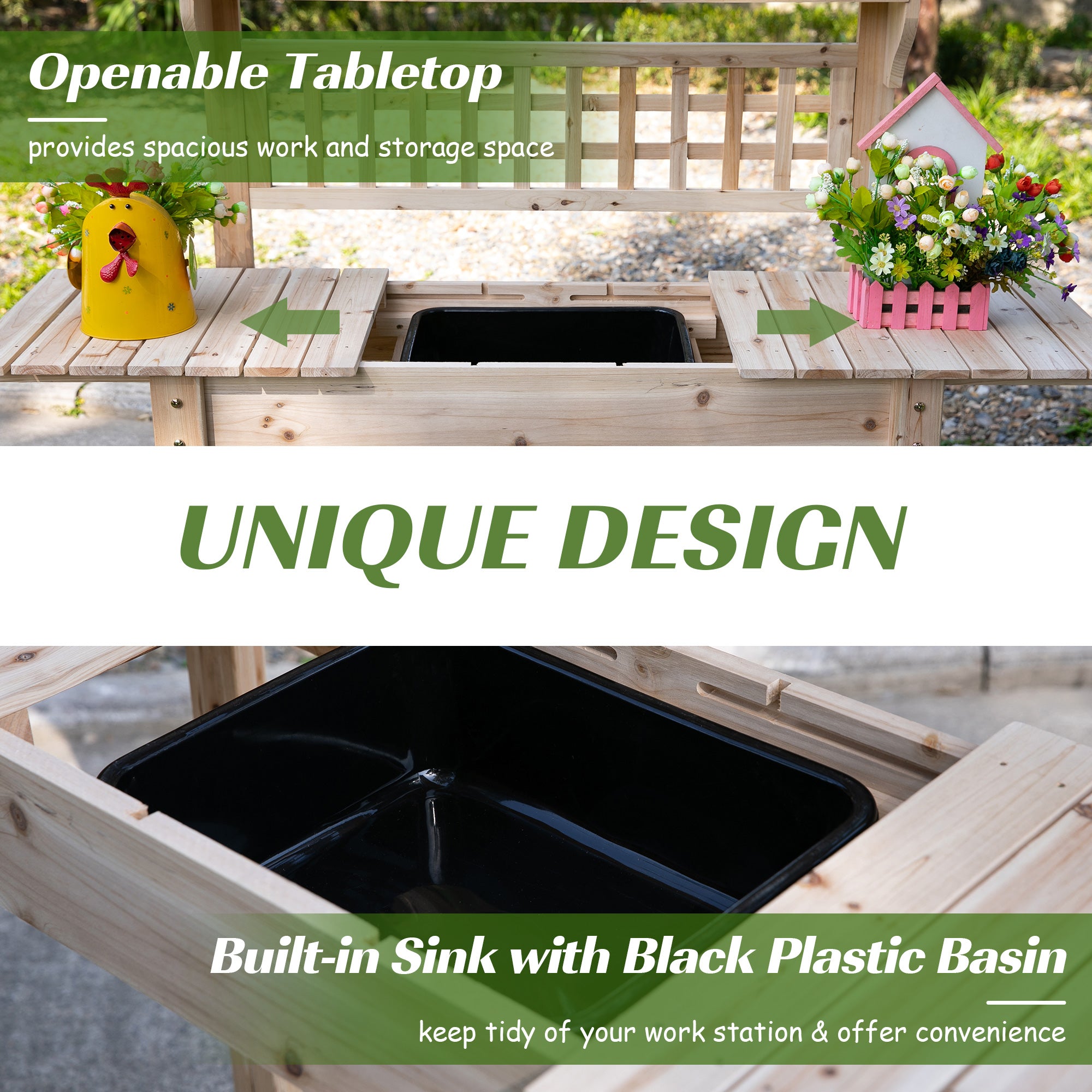 Outdoor Potting Bench Table, Wooden Workstation with Sliding Tabletop, Storage Shelf and Dry Sink, for Greenhouse, Garden, Patio