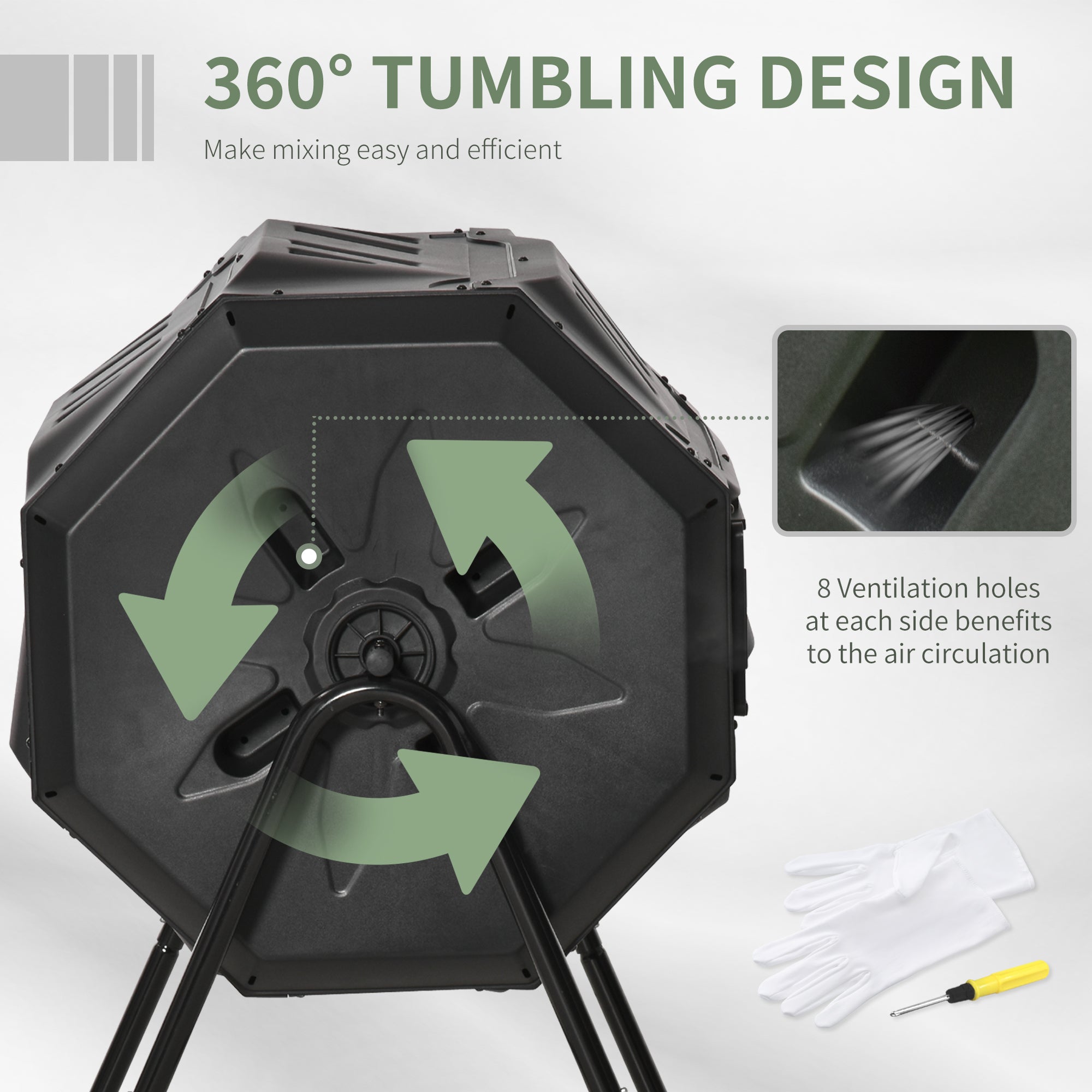 Tumbling Compost Bin Outdoor 360° Dual Chamber Rotating Composter 43 Gallon
